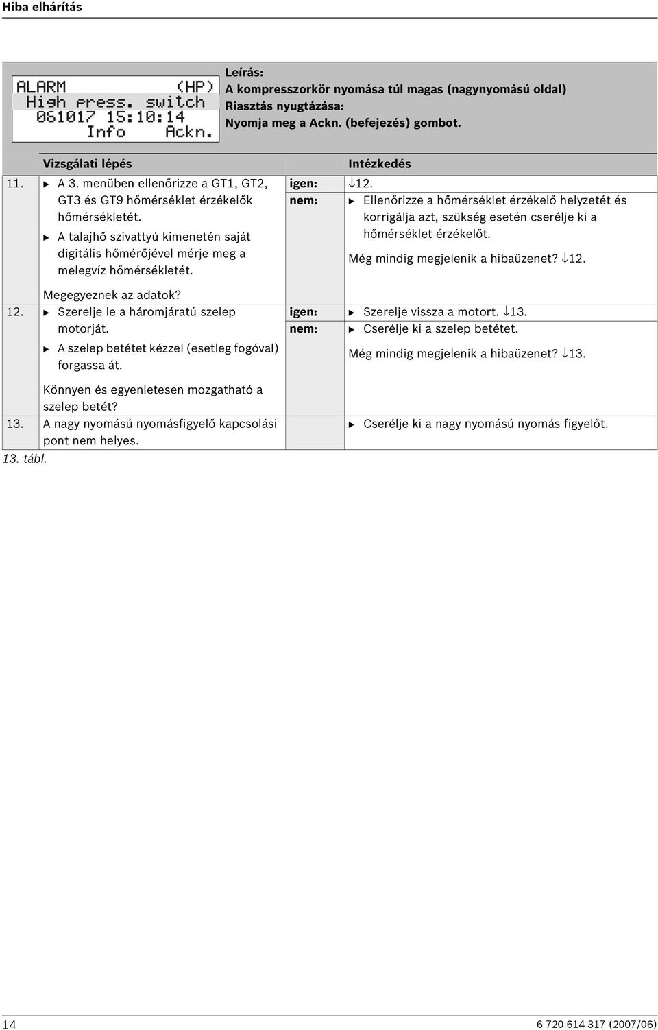 12. B Szerelje le a háromjáratú szelep motorját. B A szelep betétet kézzel (esetleg fogóval) forgassa át. Könnyen és egyenletesen mozgatható a szelep betét? 13.