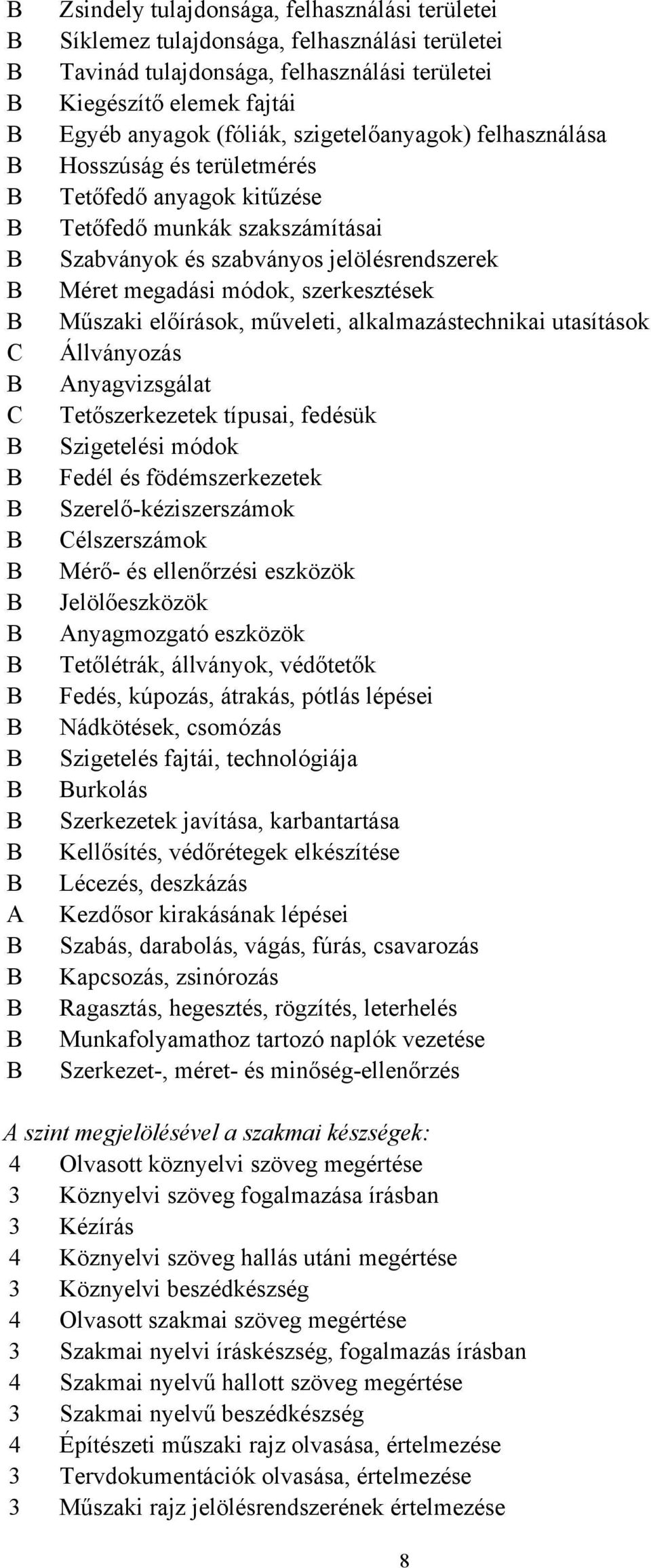 Műszaki előírások, műveleti, alkalmazástechnikai utasítások Állványozás Anyagvizsgálat Tetőszerkezetek típusai, fedésük Szigetelési módok Fedél és födémszerkezetek Szerelőkéziszerszámok Célszerszámok