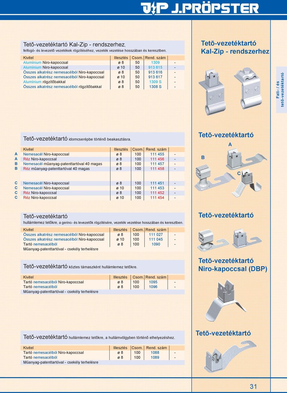 913 617 - Alumínium rögzítõbakkal ø 8 50 1309 S - Összes alkatrész nemesacélból rögzítõbakkal ø 8 50 1308 S - Kal-Zip - rendszerhez Fali- / és A A B B C C C C idomcserépbe történõ beakasztásra.