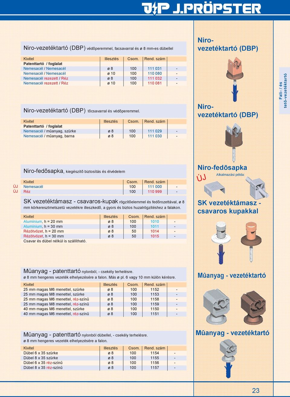 Patenttartó / foglalat Nemesacél / mûanyag, szürke ø 8 100 111 029 - Nemesacél / mûanyag, barna ø 8 100 111 030 - Nirovezetéktartó Nirovezetéktartó Fali- / és Niro-fedõsapka, kiegészítõ biztosítás és