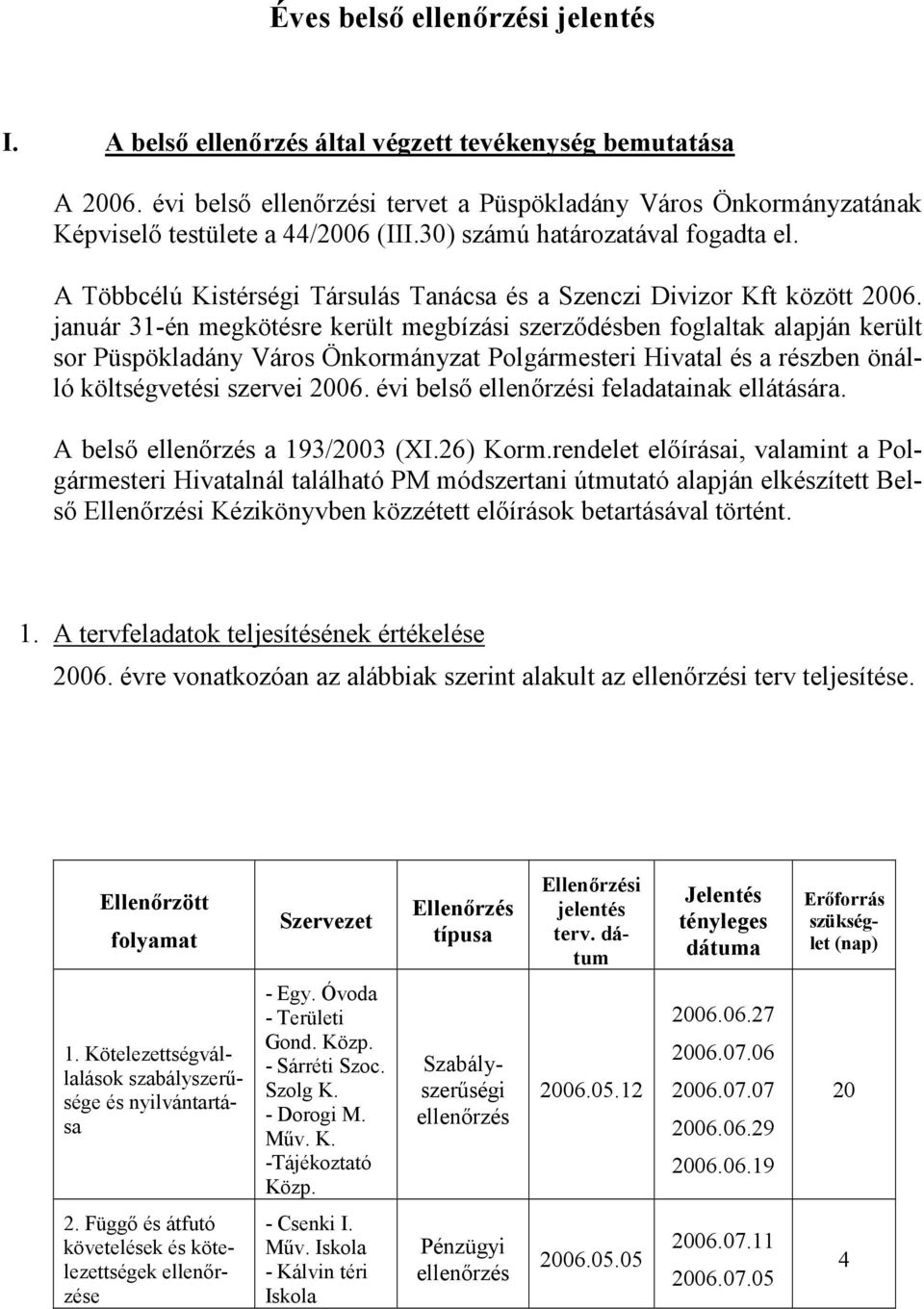 január 31-én megkötésre került megbízási szerződésben foglaltak alapján került sor Püspökladány Város Önkormányzat Polgármesteri Hivatal és a részben önálló költségvetési szervei 2006.