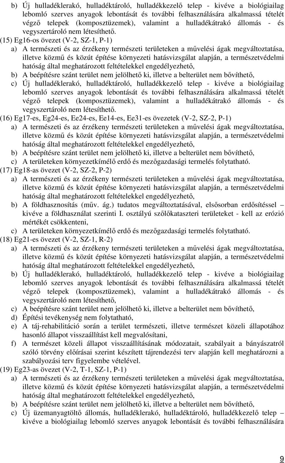 (15) Eg16-os övezet (V-2, SZ-1, P-1) c) Új hulladéklerakó, hulladéktároló, hulladékkezelő telep - kivéve a biológiailag lebomló szerves anyagok lebontását és további felhasználására alkalmassá