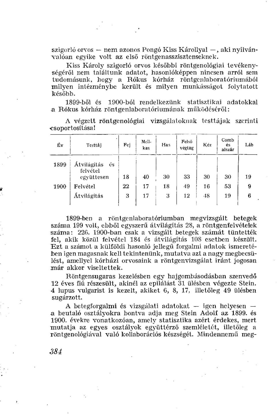 került és milyen munkásságot folytatott később. 1899-ből és 1900-ból rendelkezünk statisztikai adatokkal a Rókus kórház röntgenlaboratóriumának működéséről: A végzett röntgenológiai csoportosítása!