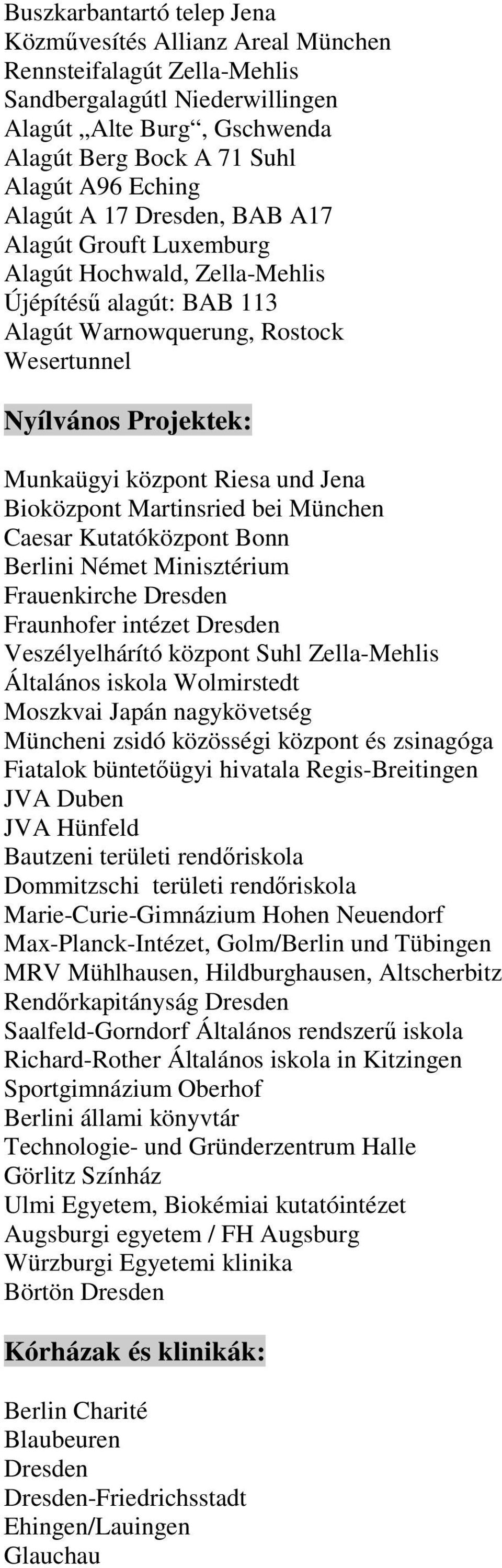 Jena Bioközpont Martinsried bei München Caesar Kutatóközpont Bonn Berlini Német Minisztérium Frauenkirche Dresden Fraunhofer intézet Dresden Veszélyelhárító központ Suhl Zella-Mehlis Általános iskola