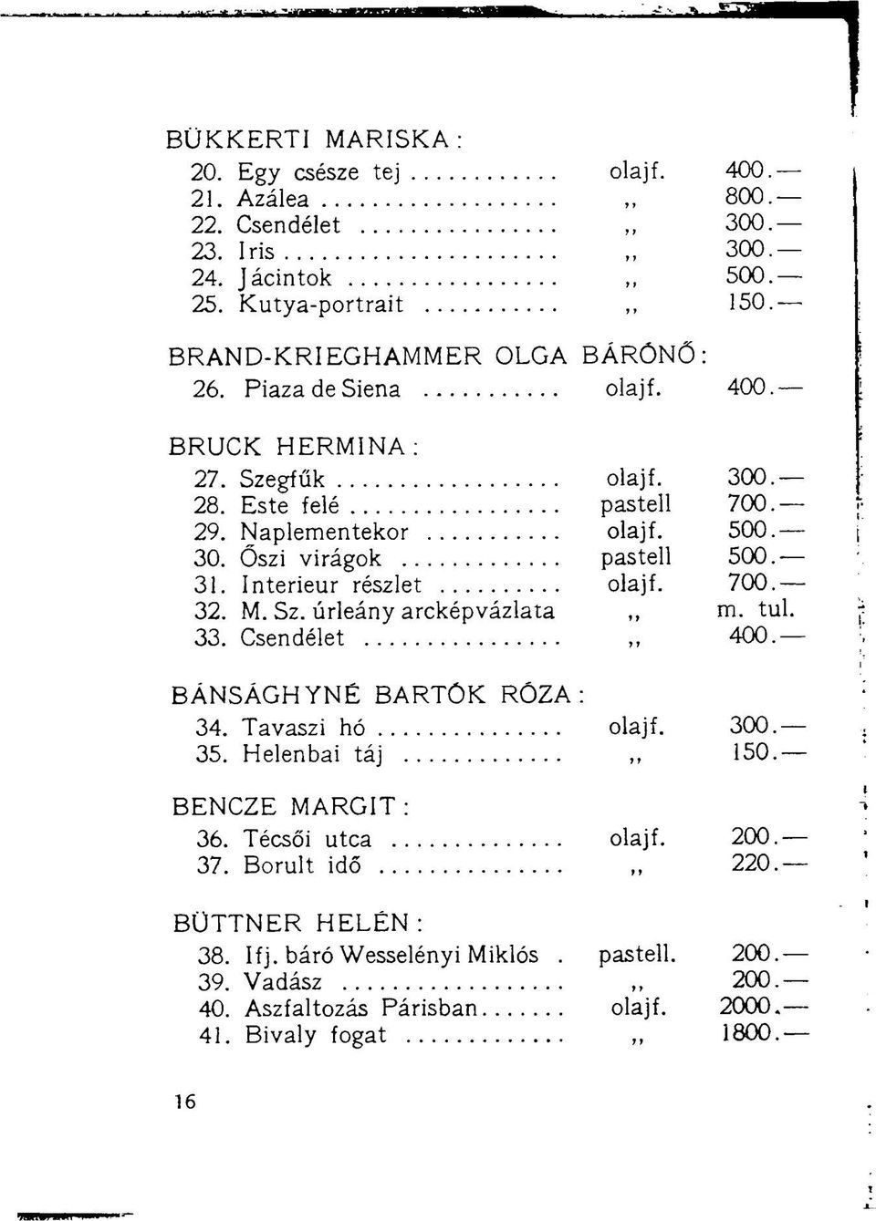 31. Interieur részlet olajf. 700. 32. M. Sz. úrleány arcképvázlata,, m. tul 33. Csendélet 400. BÁNSÁGHYNÉ BARTÓK RÓZA: 34. Tavaszi hó olajf. 300. 35. Helenbai táj 150.