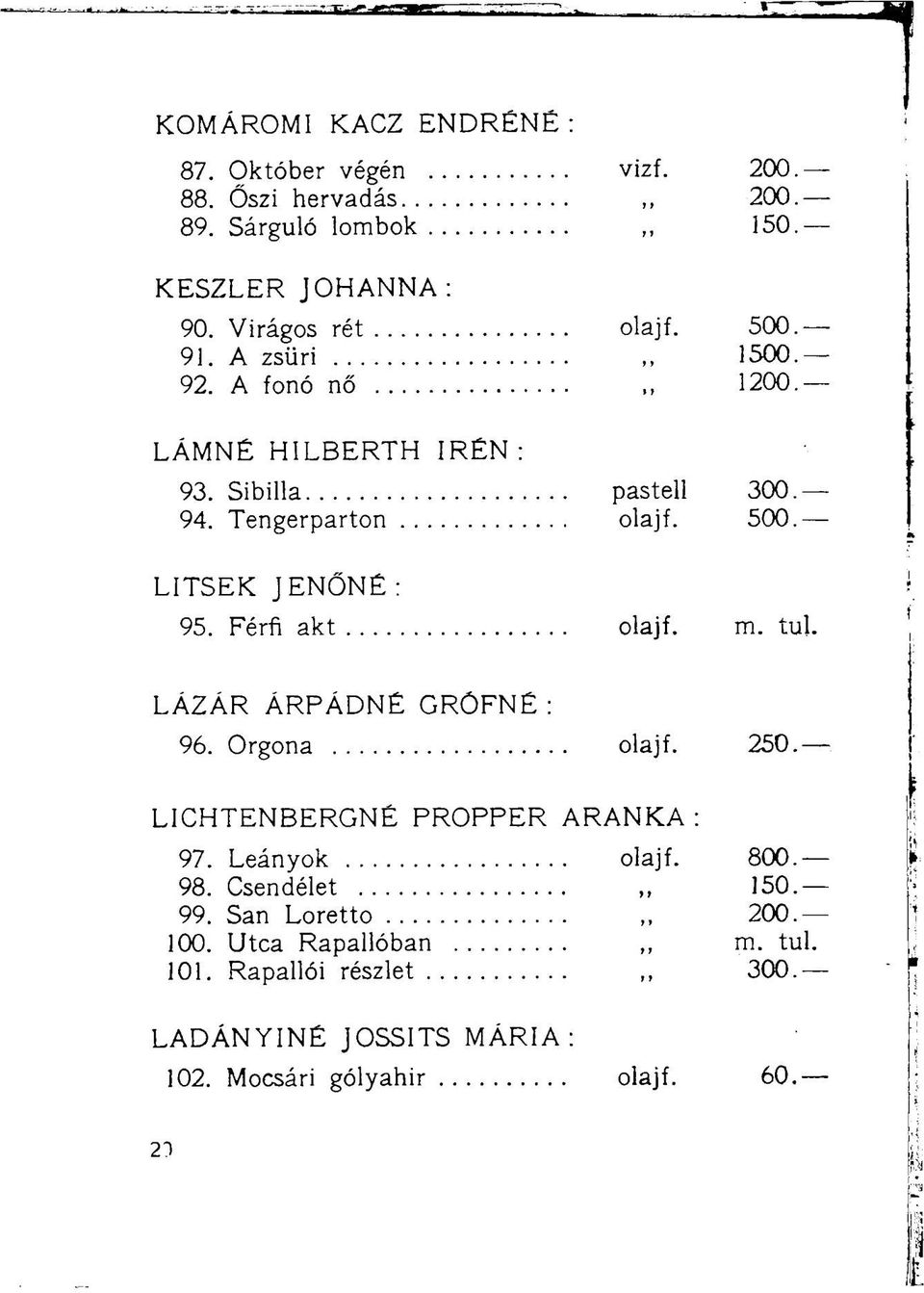 Férfi akt olajf. m. tul LÁZÁR ÁRPÁDNÉ GRÓFNÉ: 96. Orgona olajf. 250. LICHTENBERGNÉ PROPPER ARANKA : 97. Leányok olajf. 800. 98.