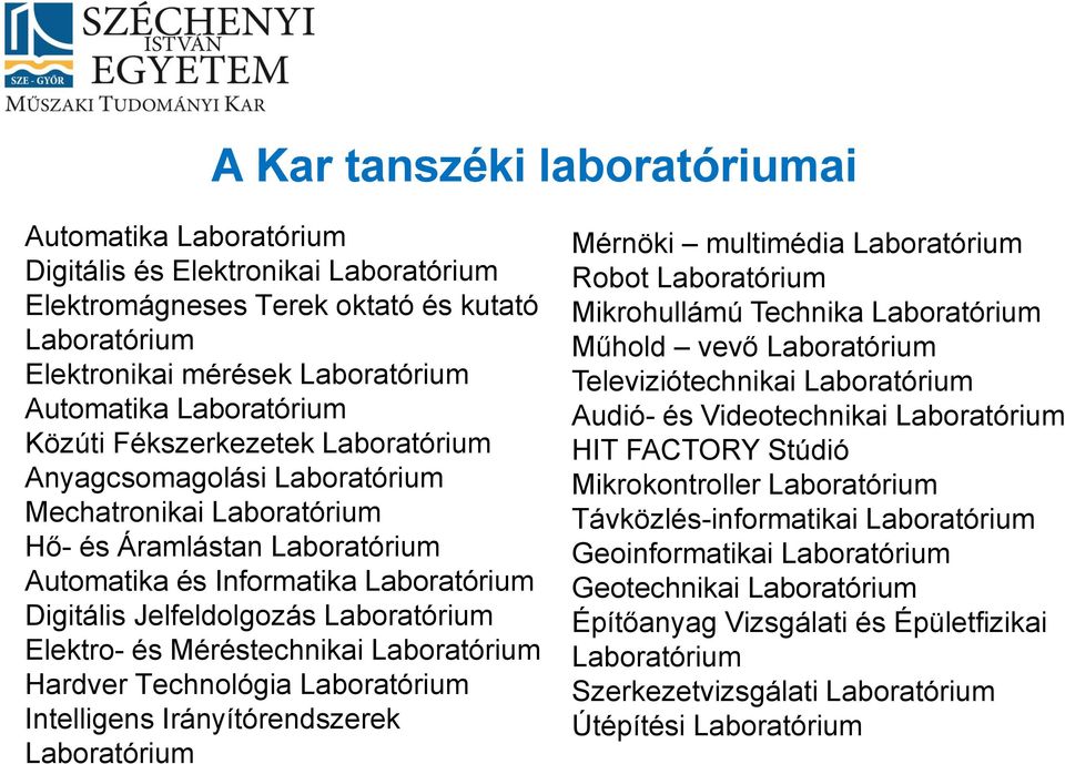 Laboratórium Elektro- és Méréstechnikai Laboratórium Hardver Technológia Laboratórium Intelligens Irányítórendszerek Laboratórium Mérnöki multimédia Laboratórium Robot Laboratórium Mikrohullámú