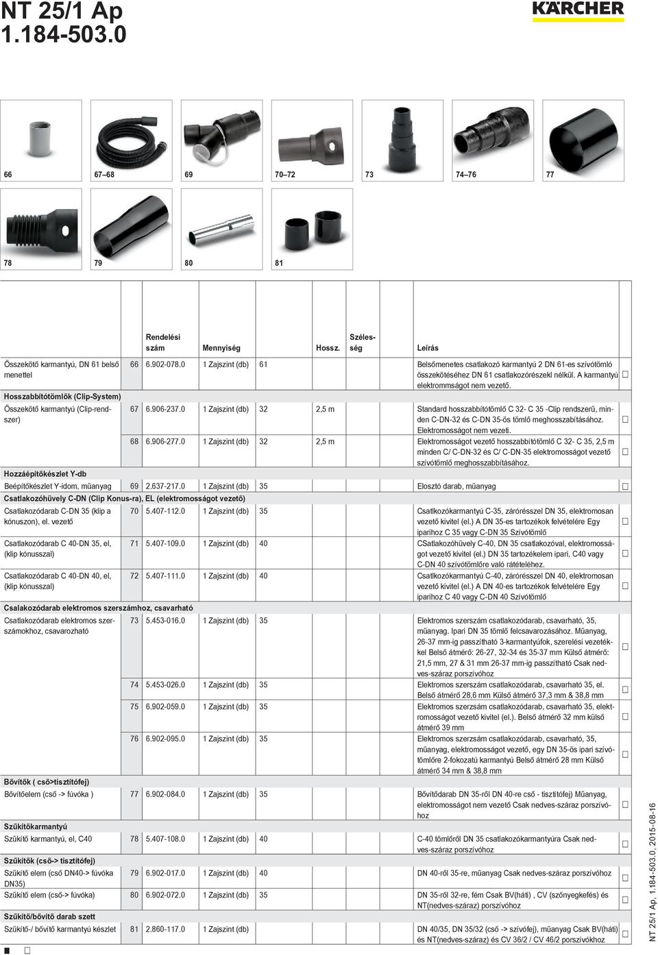 0 1 Zajszint (db) 32 2,5 m Standard hosszabbítótömlő C 32- C 35 -Clip rendszerű, minden C-DN-32 és C-DN 35-ös tömlő meghosszabításához. Elektromosságot nem vezeti. 68 6.906-277.