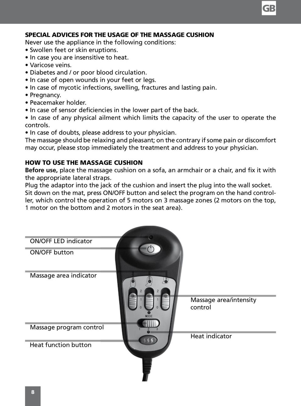 In case of sensor deficiencies in the lower part of the back. In case of any physical ailment which limits the capacity of the user to operate the controls.