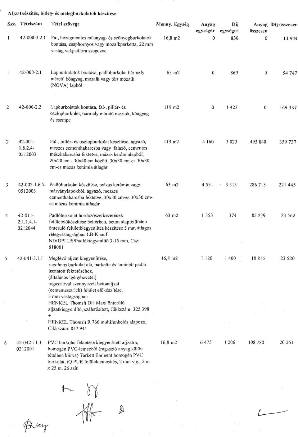 1 Lapburkolatok bontása, padlóburkolat bármely 63 m2 869 54 747 méretű kőagyag, mozaik vagy tört mozaik (NOVA) lapból 42--2.