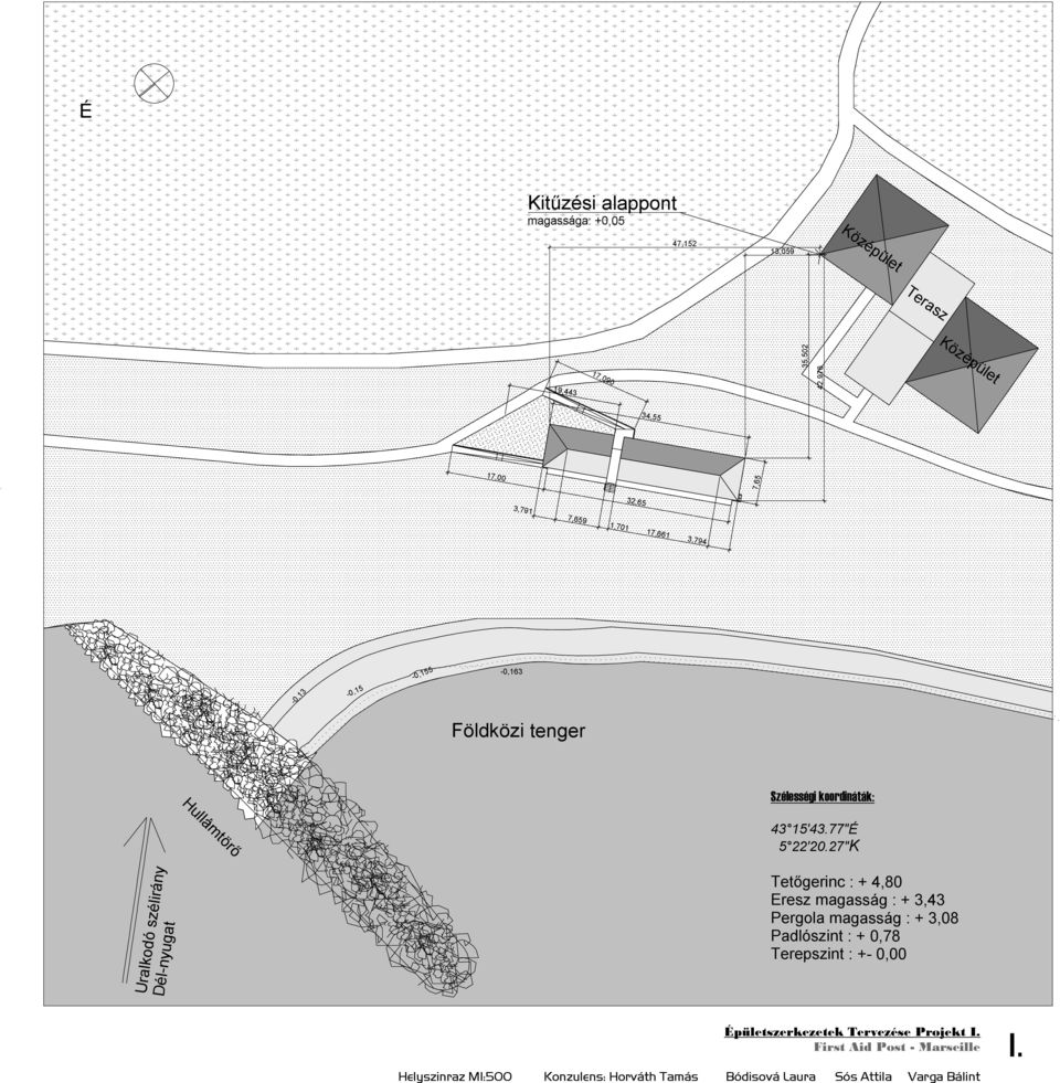 7"K Uralkodó szélirány Dél-nyugat Tetőgerinc : +,80 Eresz magasság : + 3,3 Pergola magasság : + 3,08 Padlószint : + 0,78