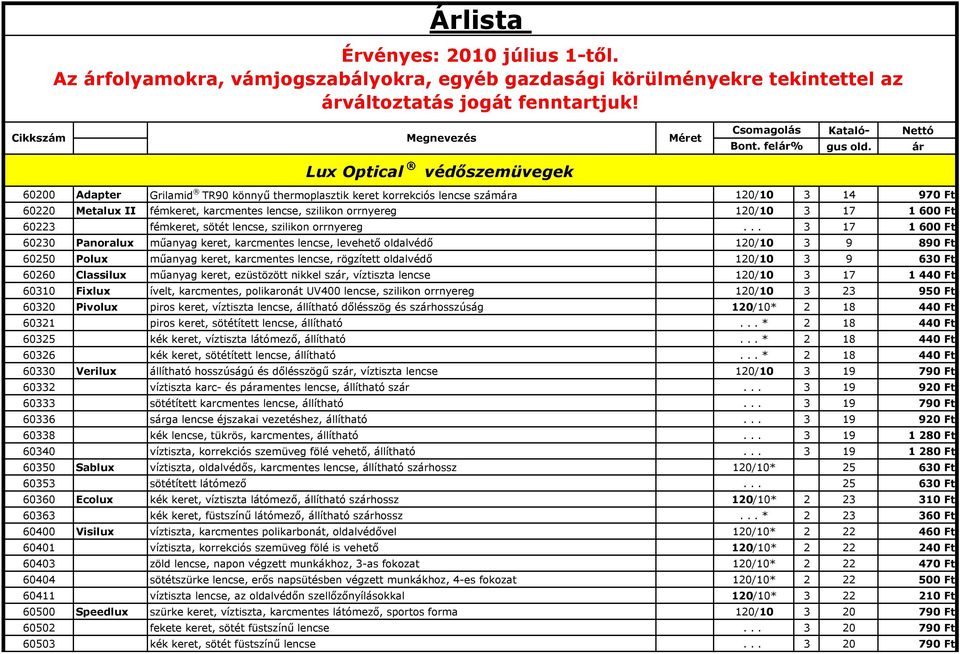 Nettó ár Lux Optical védıszemüvegek 60200 Adapter Grilamid TR90 könnyő thermoplasztik keret korrekciós lencse számára 120/10 3 14 970 Ft 60220 Metalux II fémkeret, karcmentes lencse, szilikon