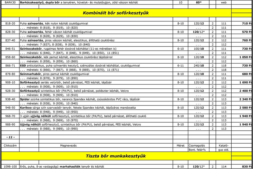 .. 2 111 837-40 Puha színsertés, piros vászon kézhát, elasztikus, állítható csuklórész 8-10 120/12 2 112 760 Ft... méretek: 7 (837), 8 (838), 9 (839), 10 (840).