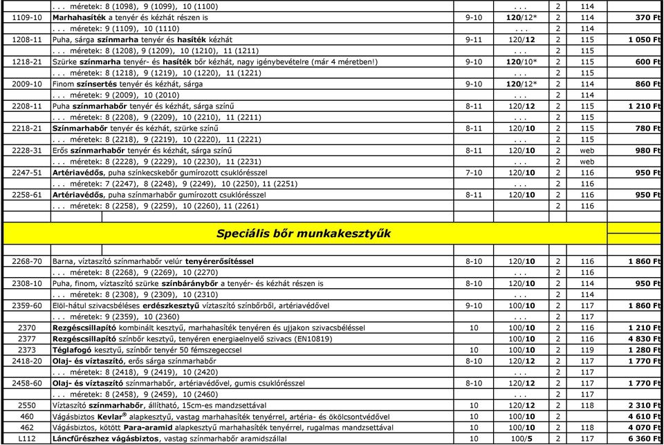 .. 2 115 1218-21 Szürke színmarha tenyér- és hasíték bır kézhát, nagy igénybevételre (már 4 méretben!) 9-10 120/10* 2 115 600 Ft... méretek: 8 (1218), 9 (1219), 10 (1220), 11 (1221).