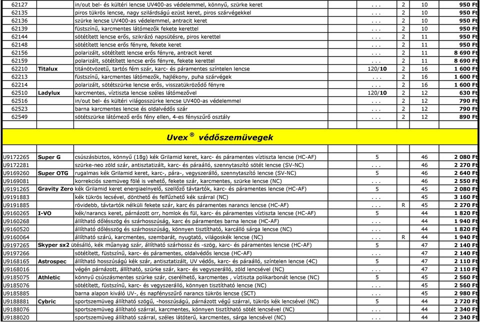 .. 2 10 950 Ft 62144 sötétített lencse erıs, szikrázó napsütésre, piros kerettel... 2 11 950 Ft 62148 sötétített lencse erıs fényre, fekete keret.