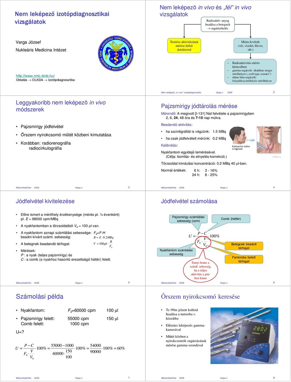 hu/ Okaás OLKD Izoópdiagnoszika Radioakiviás-mérés kémcsőben gamma-sugárzók: álalában üreges mérőhelyen ( well-ype couner ) rikán béa-sugárzók: folyadékszcinillációs mérőhelyen Nem leképező in vivo