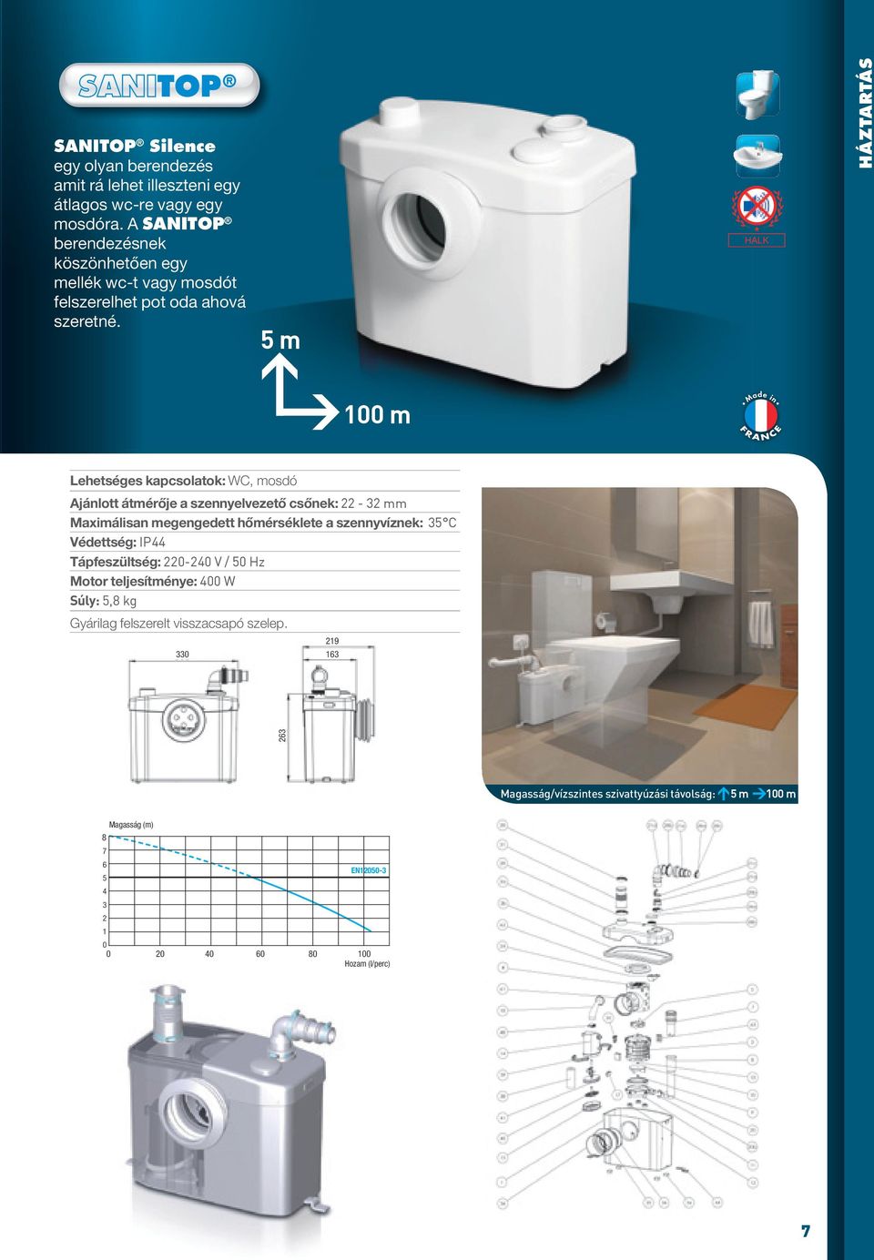 5 m HALK Háztartás 100 m Lehetséges kapcsolatok: WC, mosdó Ajánlott átmérője a szennyelvezető csőnek: - mm Maximálisan megengedett hőmérséklete a