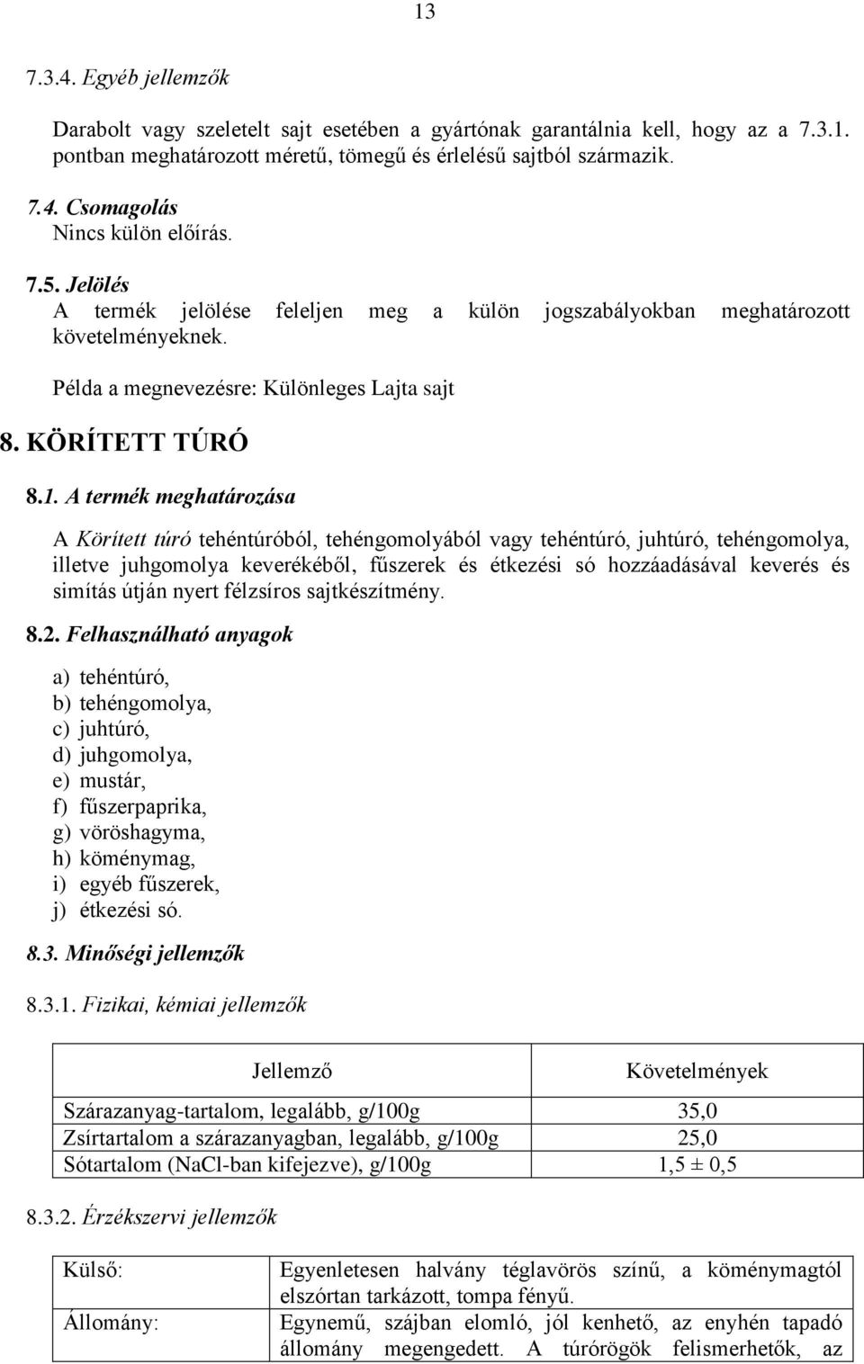 A termék meghatározása A Körített túró tehéntúróból, tehéngomolyából vagy tehéntúró, juhtúró, tehéngomolya, illetve juhgomolya keverékéből, fűszerek és étkezési só hozzáadásával keverés és simítás