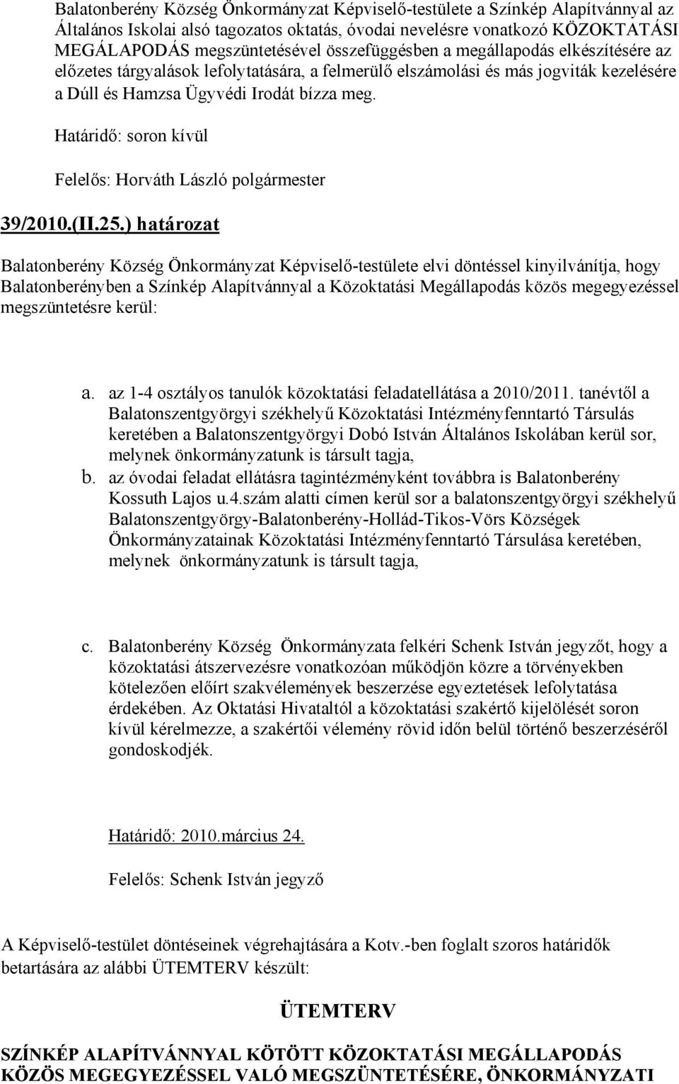 Határidő: soron kívül Felelős: Horváth László polgármester 39/2010.(II.25.