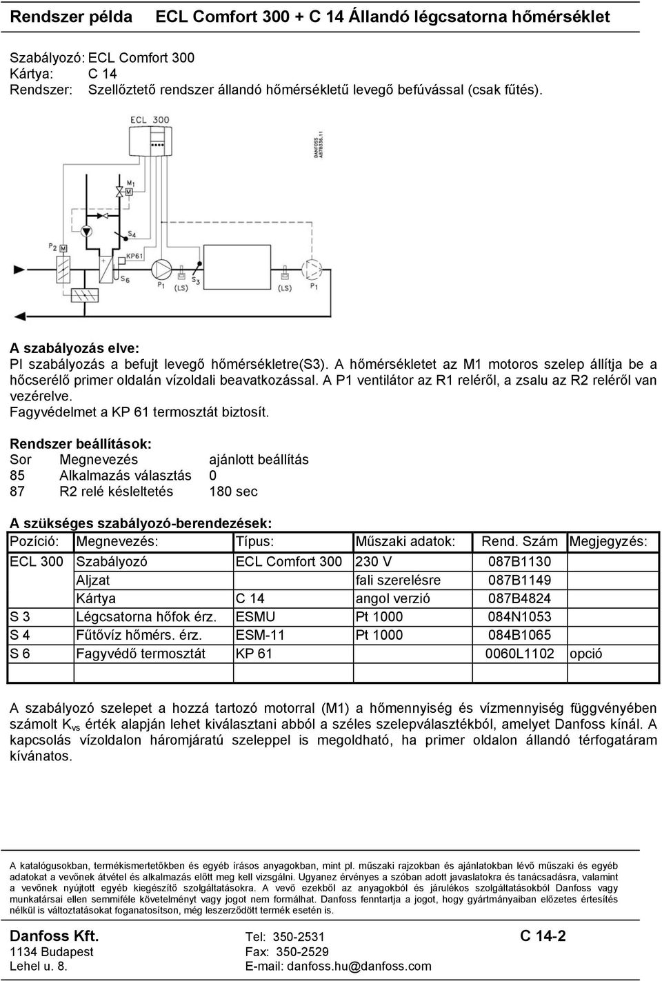 Fagyvédelmet a KP 61 termosztát biztosít. 85 Alkalmazás választás 0 87 R2 relé késleltetés 180 sec Aljzat fali szerelésre 087B1149 Kártya C 14 angol verzió 087B4824 S 3 Légcsatorna hőfok érz.