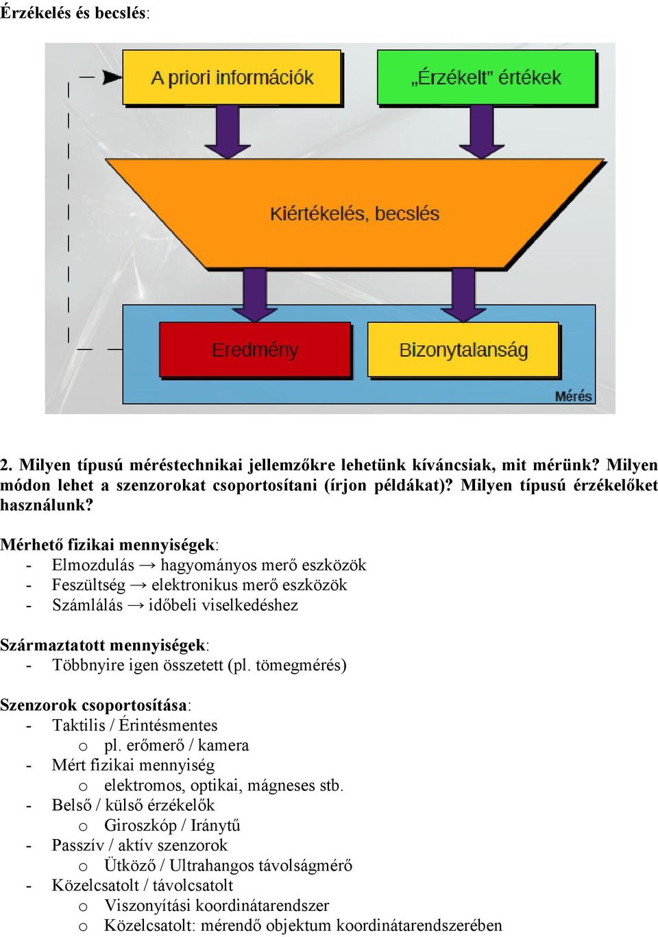 Mérhető fizikai mennyiségek: - Elmozdulás hagyományos merő eszközök - Feszültség elektronikus merő eszközök - Számlálás időbeli viselkedéshez Származtatott mennyiségek: - Többnyire igen összetett