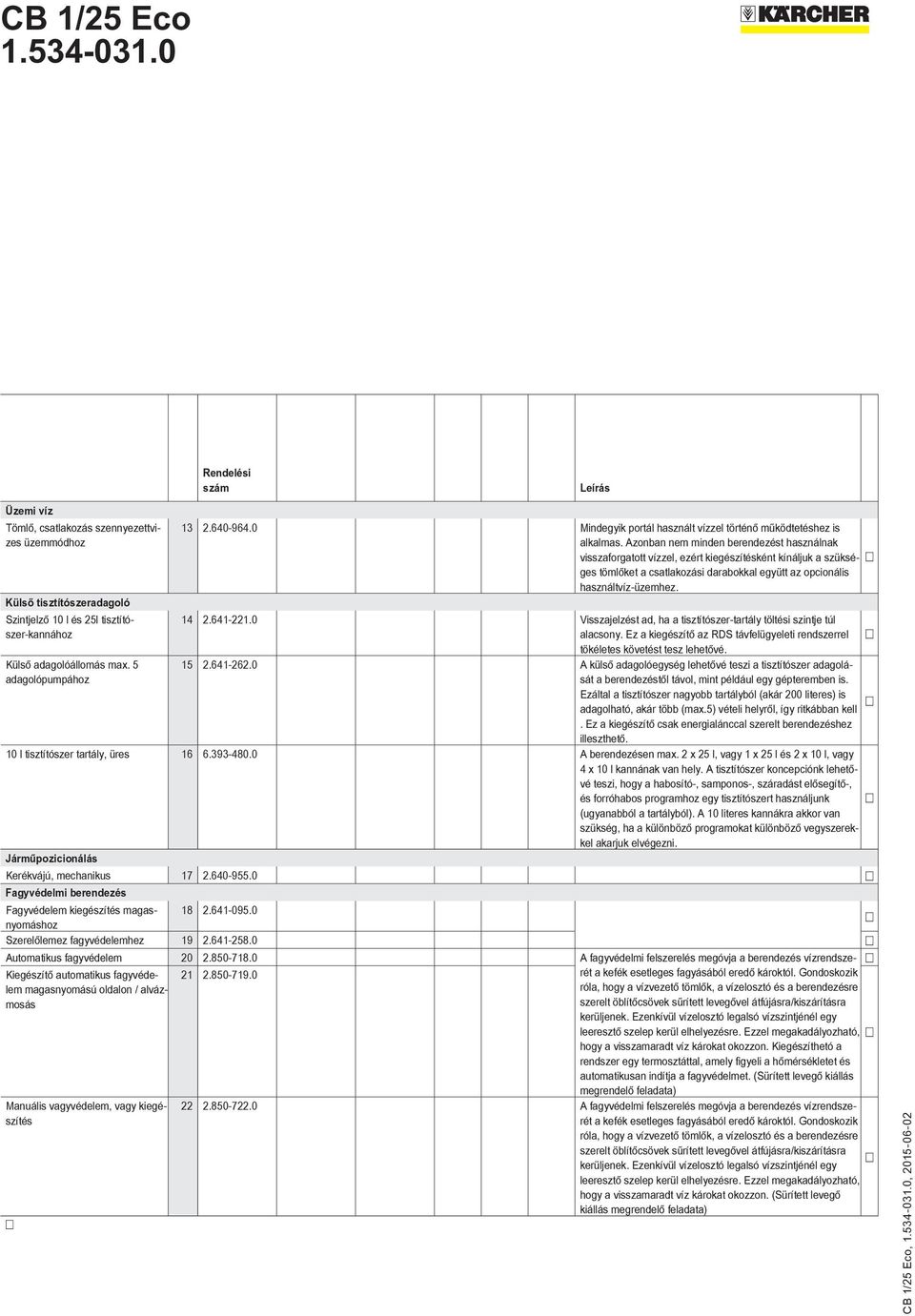 Azonban nem minden berendezést használnak visszaforgatott vízzel, ezért kiegészítésként kínáljuk a szükséges tömlőket a csatlakozási darabokkal együtt az opcionális használtvíz-üzemhez. 14 2.641-221.