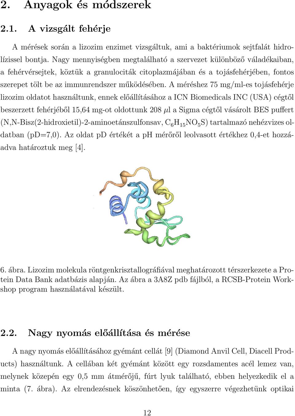 A méréshez 75 mg/ml-es tojásfehérje lizozim oldatot használtunk, ennek előállításához a ICN Biomedicals INC (USA) cégtől beszerzett fehérjéből 15,64 mg-ot oldottunk 208 µl a Sigma cégtől vásárolt BES