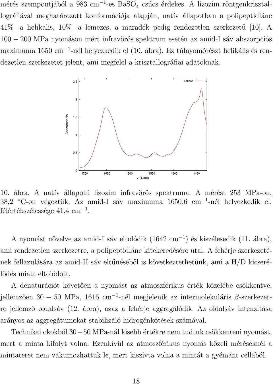 A 100 200 MPa nyomáson mért infravörös spektrum esetén az amid-i sáv abszorpciós maximuma 1650 cm 1 -nél helyezkedik el (10. ábra).