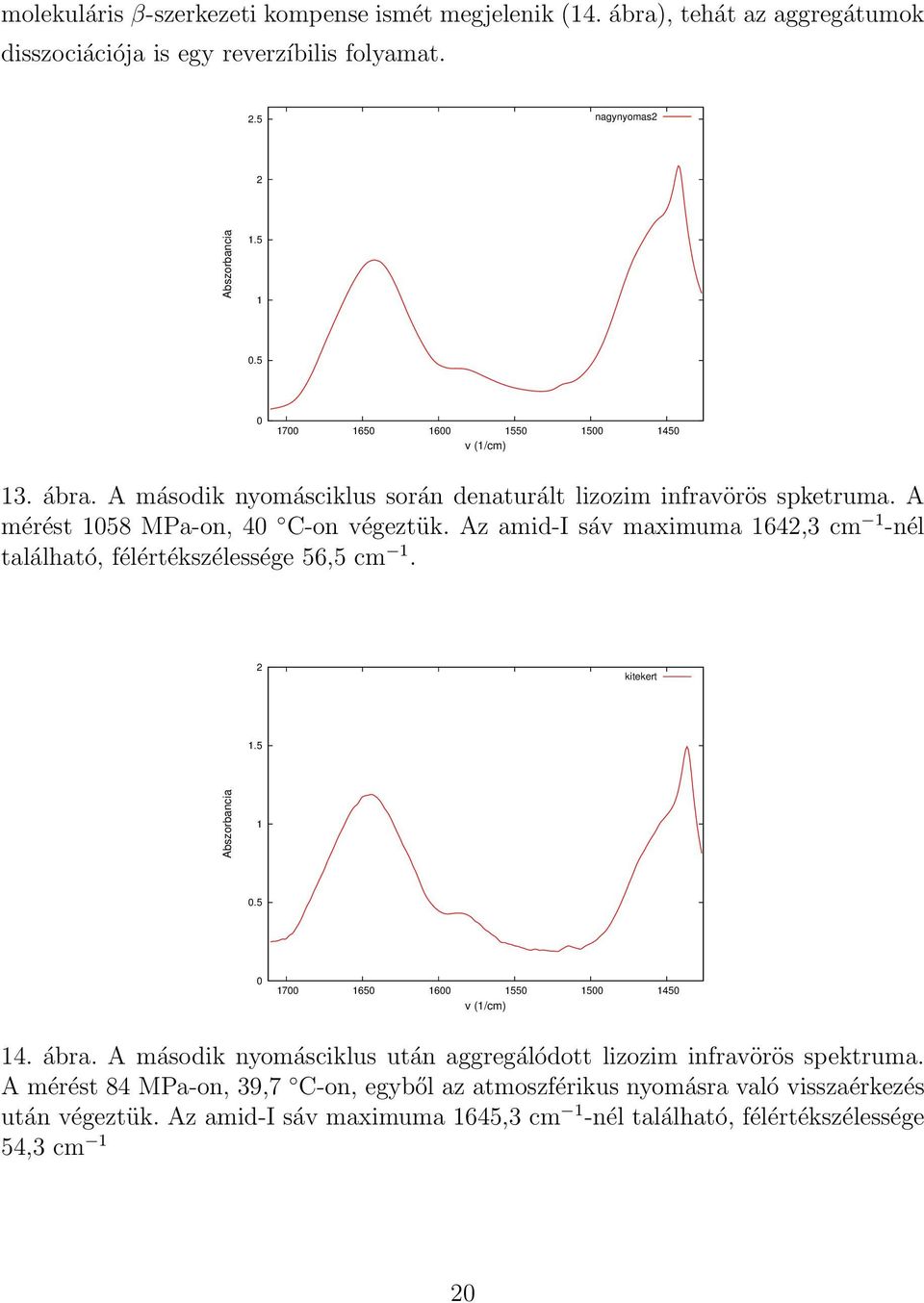 Az amid-i sáv maximuma 1642,3 cm 1 -nél található, félértékszélessége 56,5 cm 1. 2 kitekert 1.5 Abszorbancia 1 0.5 0 1700 1650 1600 1550 v (1/cm) 1500 1450 14. ábra.