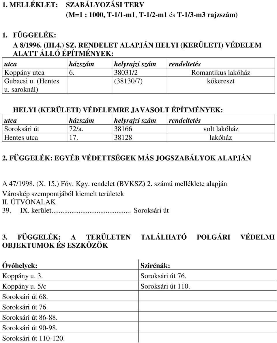 saroknál) (38130/7) kőkereszt HELYI (KERÜLETI) VÉDELEMRE JAVASOLT ÉPÍTMÉNYEK: utca házszám helyrajzi szám rendeltetés Soroksári út 72/a. 38166 volt lakóház Hentes utca 17. 38128 lakóház 2.