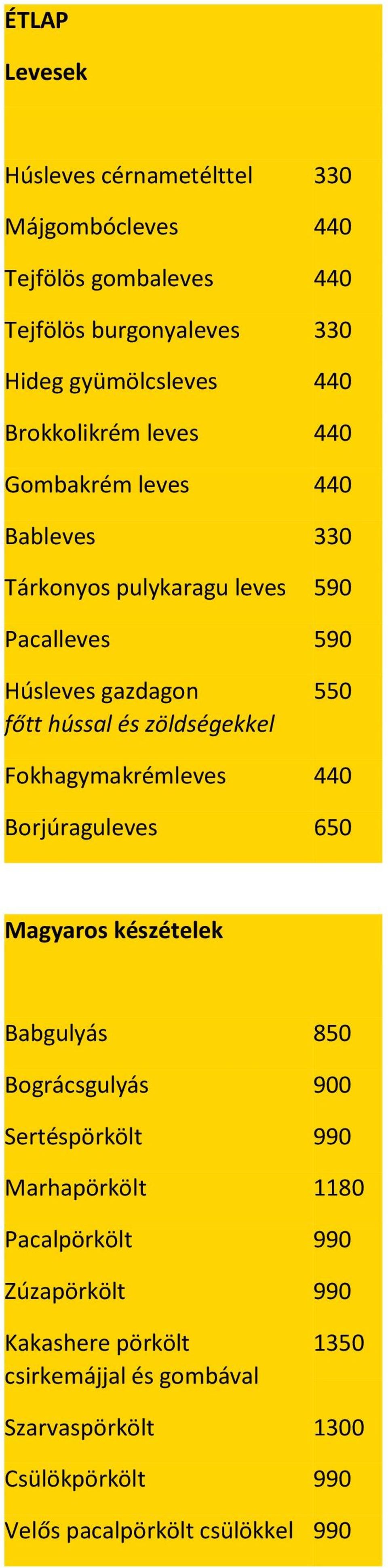zöldségekkel 550 Fokhagymakrémleves 440 Borjúraguleves 650 Magyaros készételek Babgulyás 850 Bográcsgulyás Sertéspörkölt 990 Marhapörkölt