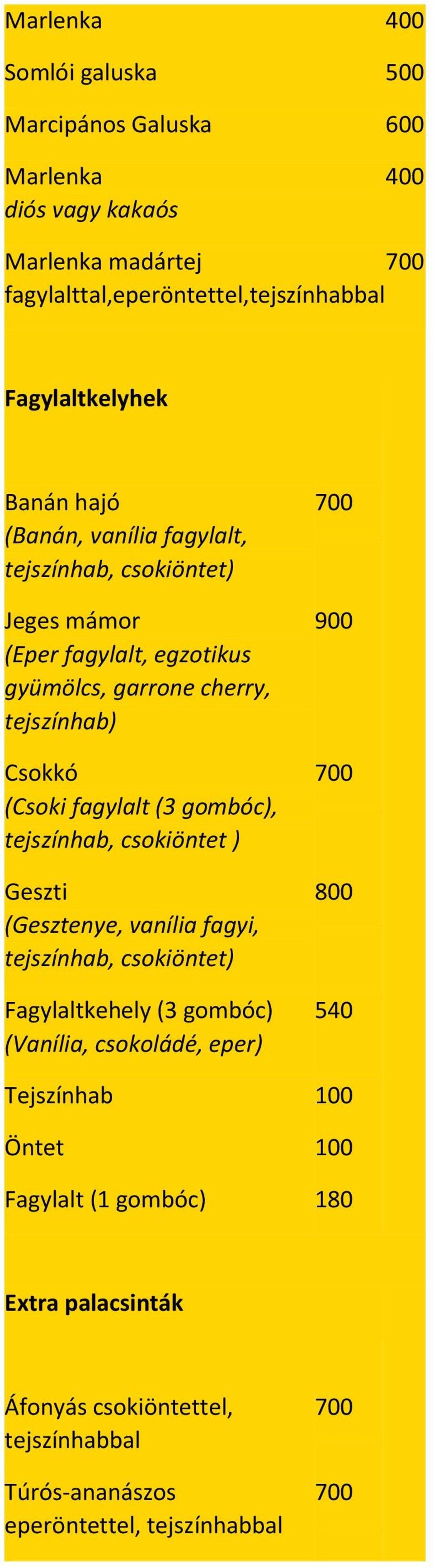 Csokkó (Csoki fagylalt (3 gombóc), tejszínhab, csokiöntet ) Geszti (Gesztenye, vanília fagyi, tejszínhab, csokiöntet) Fagylaltkehely (3 gombóc) (Vanília,