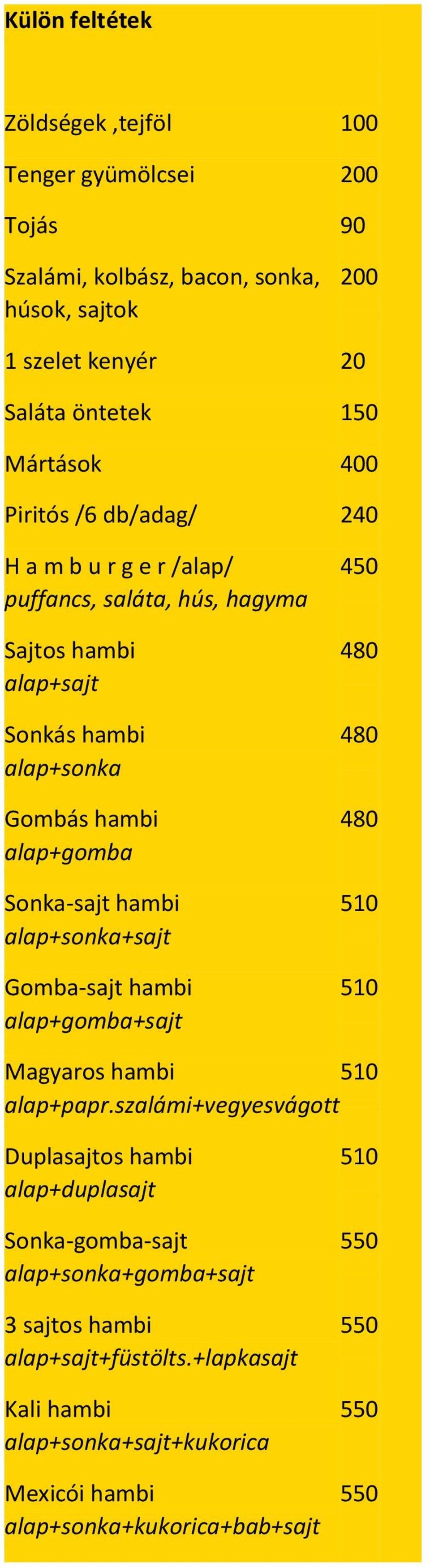 alap+sonka+sajt Gomba-sajt hambi alap+gomba+sajt 450 480 480 480 510 510 Magyaros hambi 510 alap+papr.