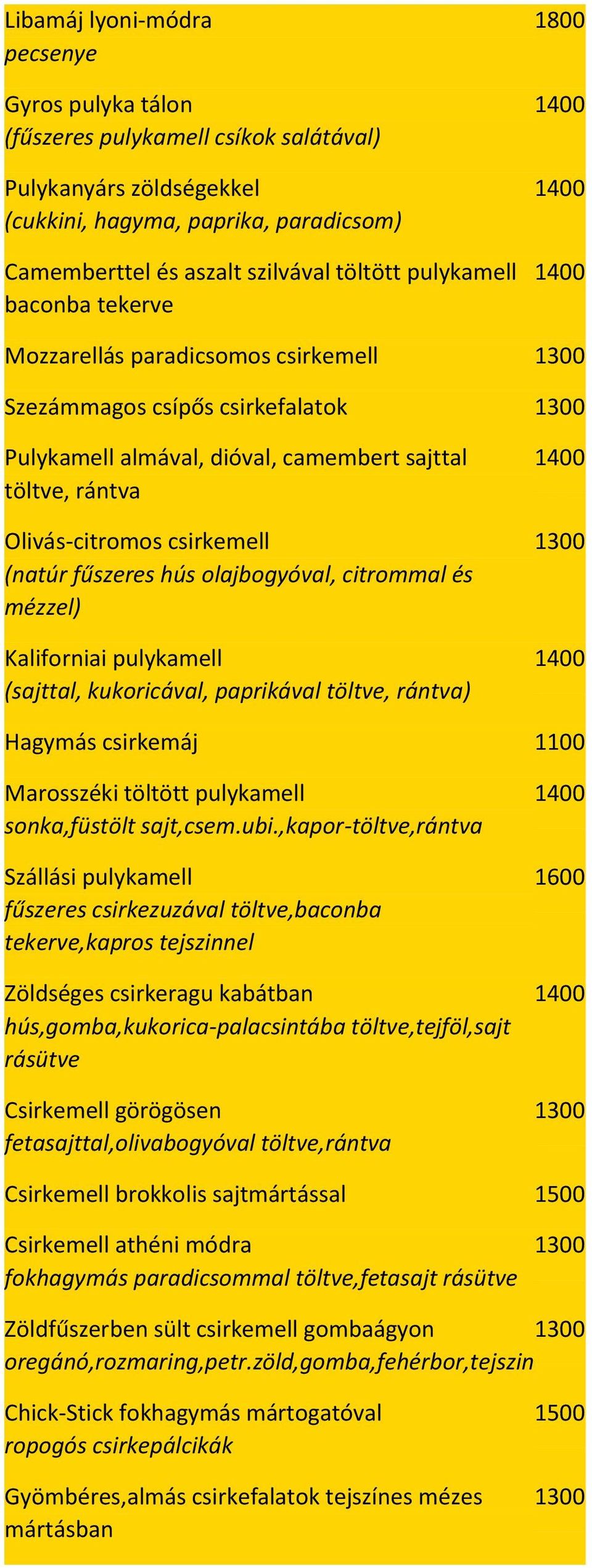 fűszeres hús olajbogyóval, citrommal és mézzel) Kaliforniai pulykamell (sajttal, kukoricával, paprikával töltve, rántva) Hagymás csirkemáj 1100 Marosszéki töltött pulykamell sonka,füstölt sajt,csem.