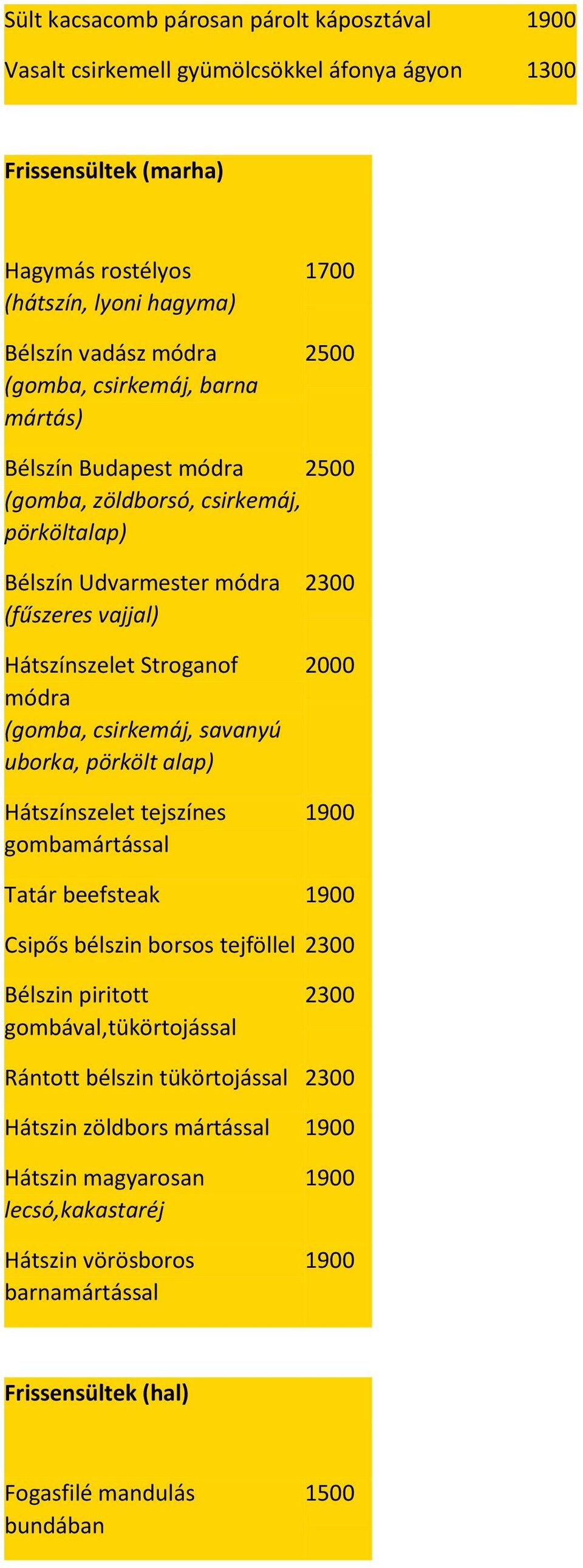 csirkemáj, savanyú uborka, pörkölt alap) Hátszínszelet tejszínes gombamártással 2300 2000 1 Tatár beefsteak 1 Csipős bélszin borsos tejföllel 2300 Bélszin piritott gombával,tükörtojással