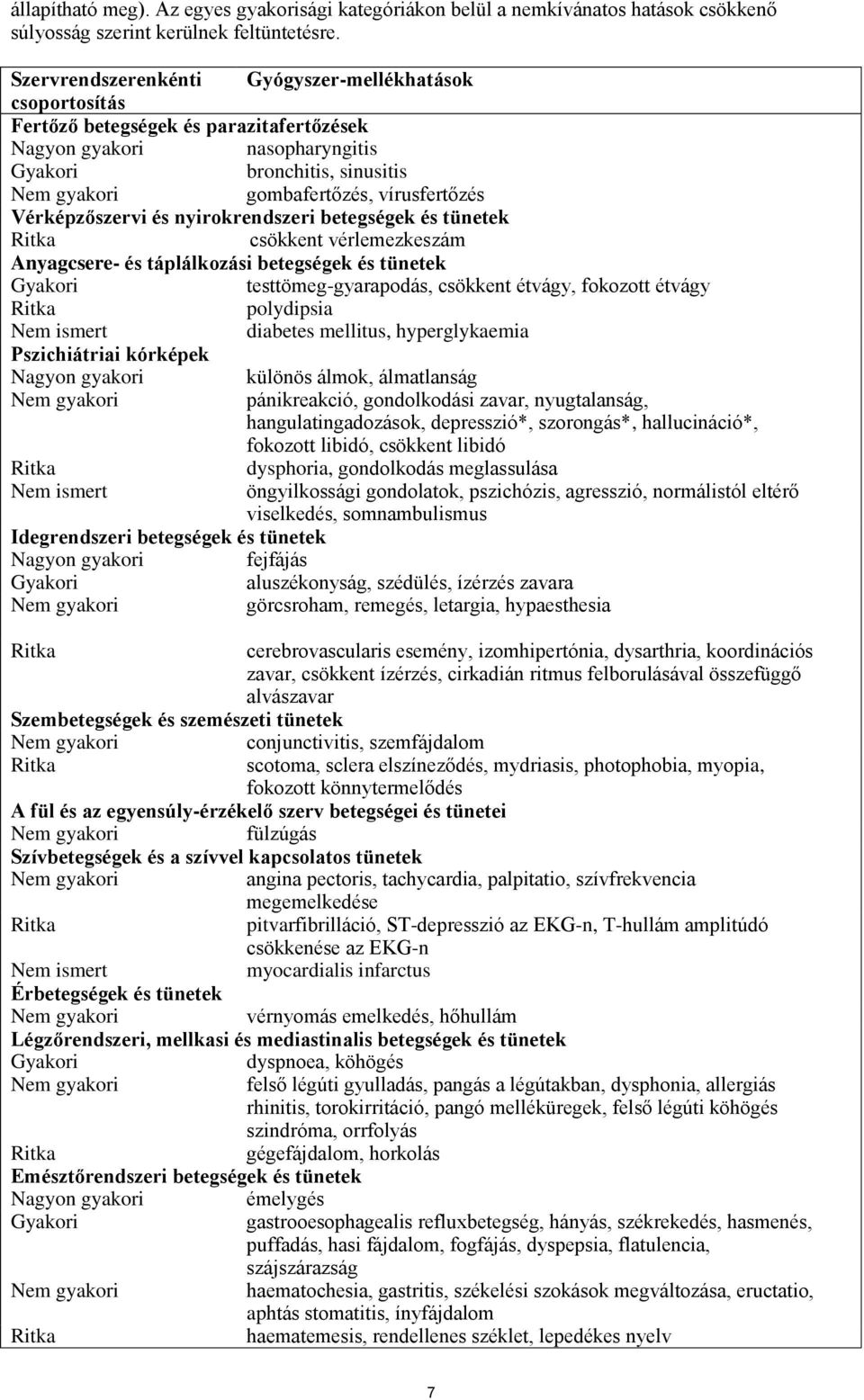 vírusfertőzés Vérképzőszervi és nyirokrendszeri betegségek és tünetek Ritka csökkent vérlemezkeszám Anyagcsere- és táplálkozási betegségek és tünetek Gyakori testtömeg-gyarapodás, csökkent étvágy,