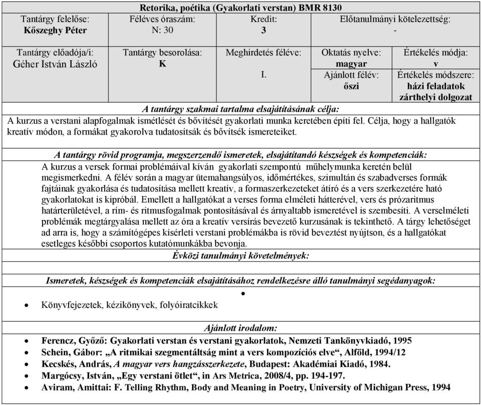 Clja, hogy a hallgatók kreatív módon, a formákat gyakorolva tudatosítsák s bővítsk ismereteiket. A kurzus a versek formai problmáival kíván gyakorlati szempontú műhelymunka keretn belül megismerkedni.