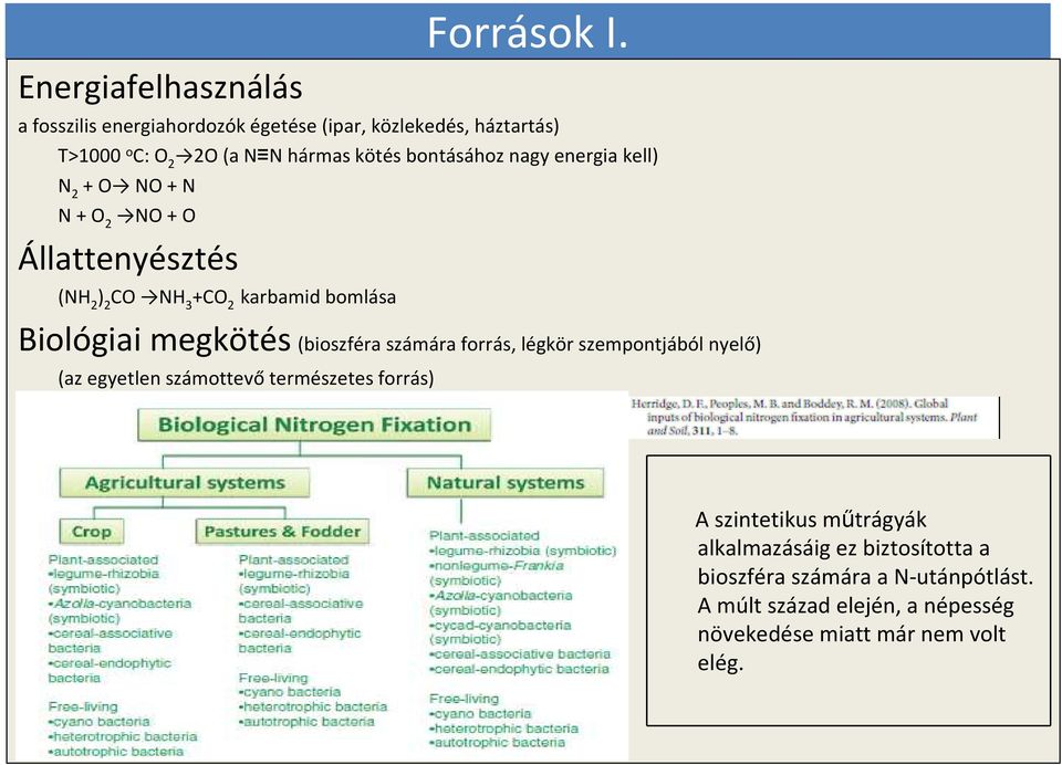 kell) N 2 + O NO + N N + O 2 NO + O Állattenyésztés (NH 2 ) 2 CO NH 3 +CO 2 karbamid bomlása Biológiai megkötés (bioszféra számára