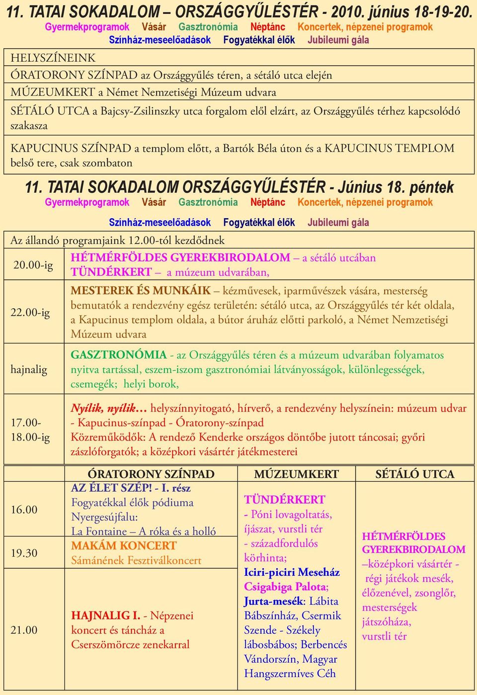 elején MÚZEUMKERT a Német Nemzetiségi Múzeum udvara SÉTÁLÓ UTCA a Bajcsy-Zsilinszky utca forgalom elől elzárt, az Országgyűlés térhez kapcsolódó szakasza KAPUCINUS SZÍNPAD a templom előtt, a Bartók