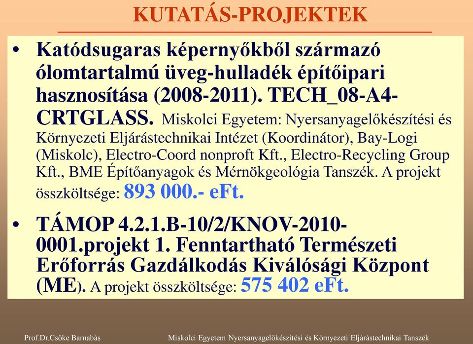 Miskolci Egyetem: Nyersanyagelőkészítési és Környezeti Eljárástechnikai Intézet (Koordinátor), Bay-Logi (Miskolc), Electro-Coord