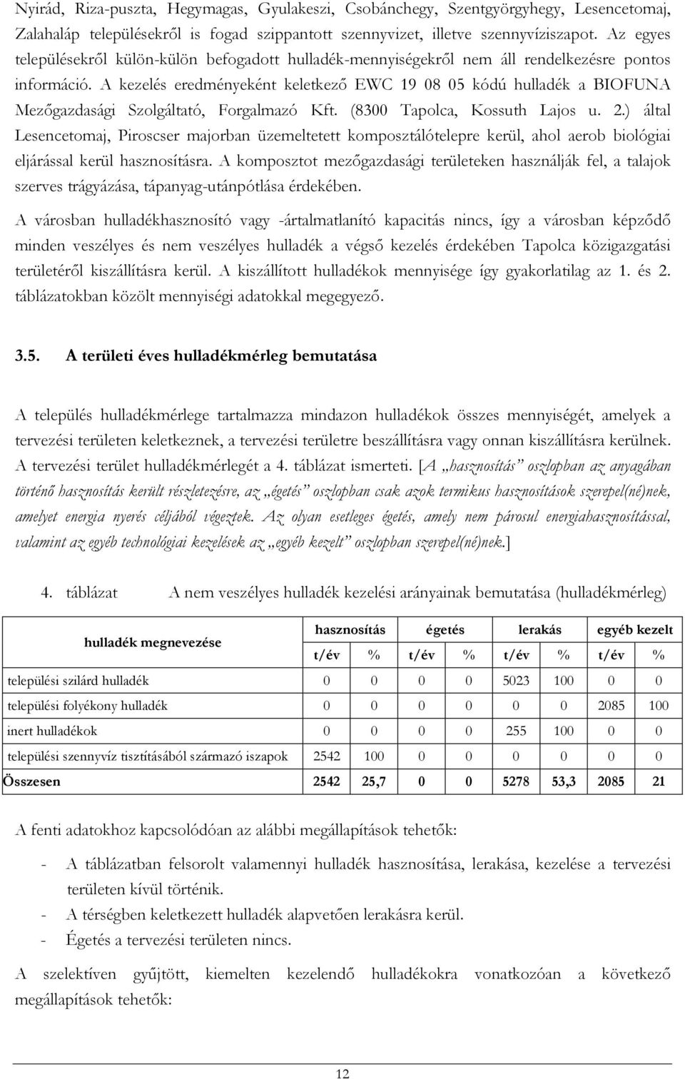 A kezelés eredményeként keletkező EWC 19 08 05 kódú hulladék a BIOFUNA Mezőgazdasági Szolgáltató, Forgalmazó Kft. (8300 Tapolca, Kossuth Lajos u. 2.