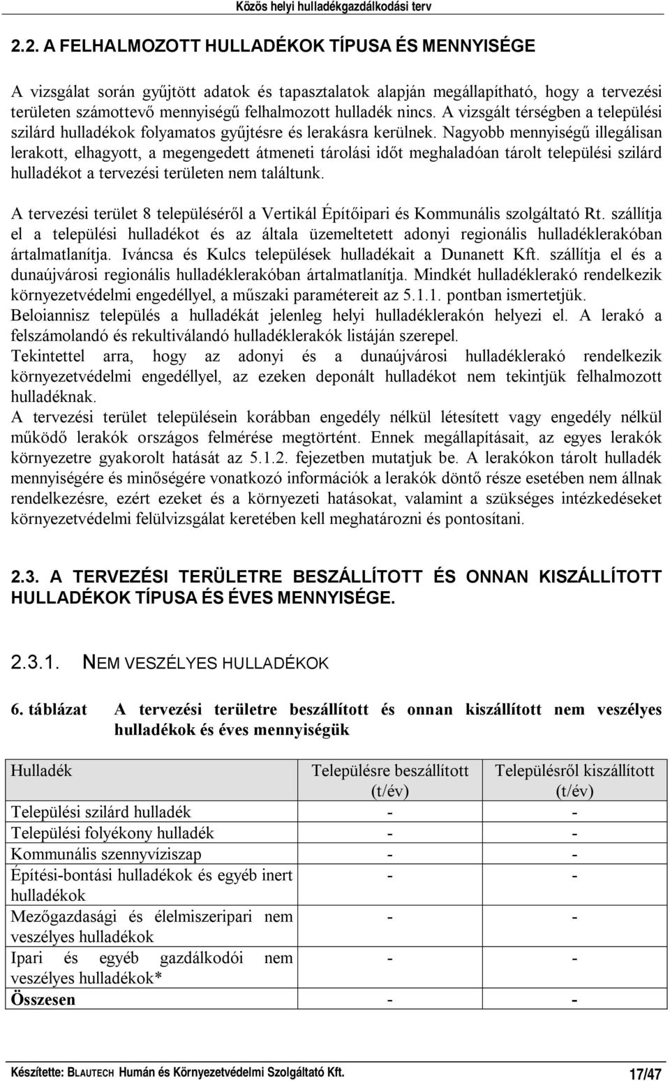 Nagyobb mennyiség illegálisan lerakott, elhagyott, a megengedett átmeneti tárolási id t meghaladóan tárolt települési szilárd hulladékot a tervezési területen nem találtunk.