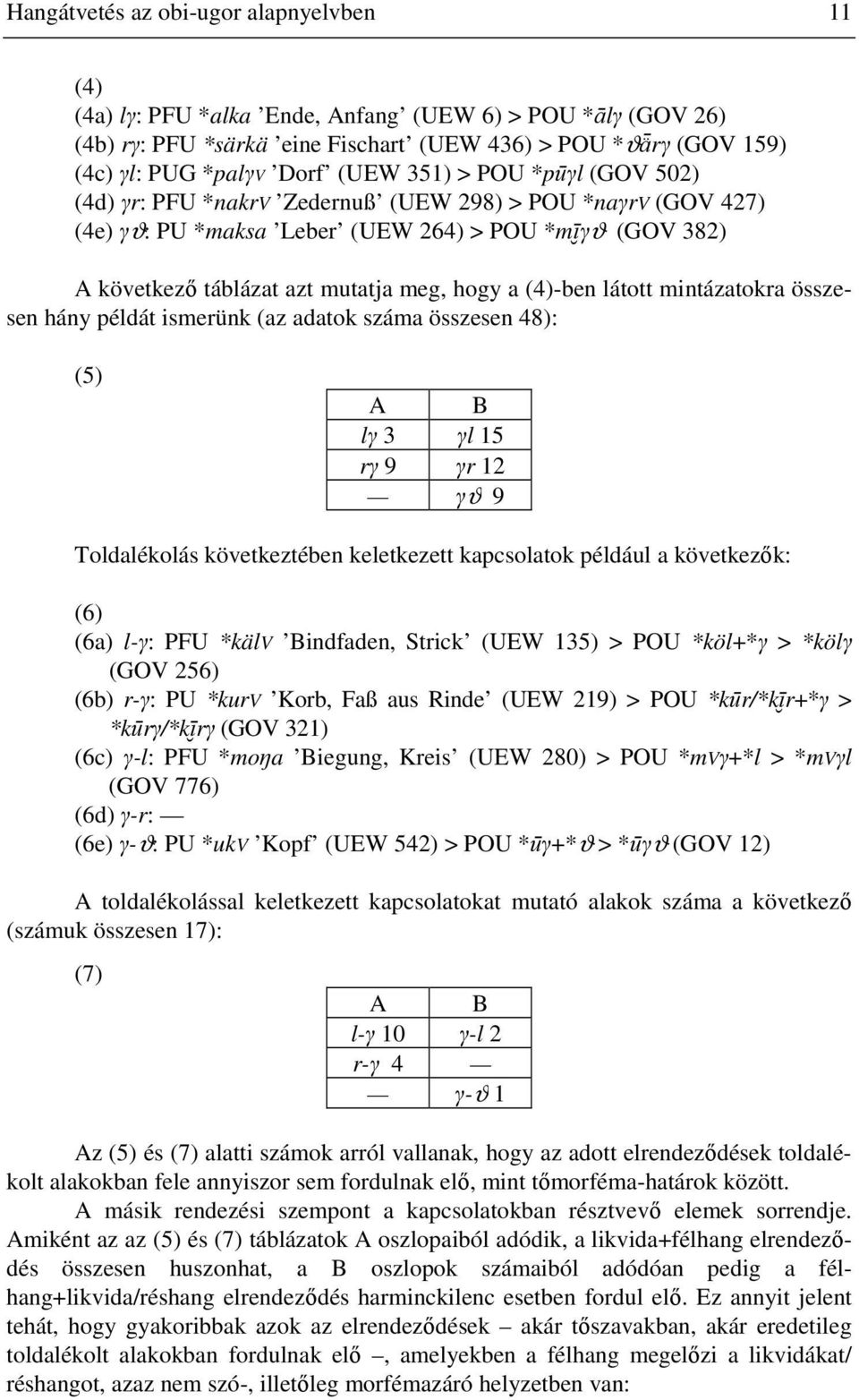 látott mintázatokra összesen hány példát ismerünk (az adatok száma összesen 48): (5) A B lγ 3 γl 15 rγ 9 γr 12 γϑ 9 Toldalékolás következtében keletkezett kapcsolatok például a következők: (6) (6a)