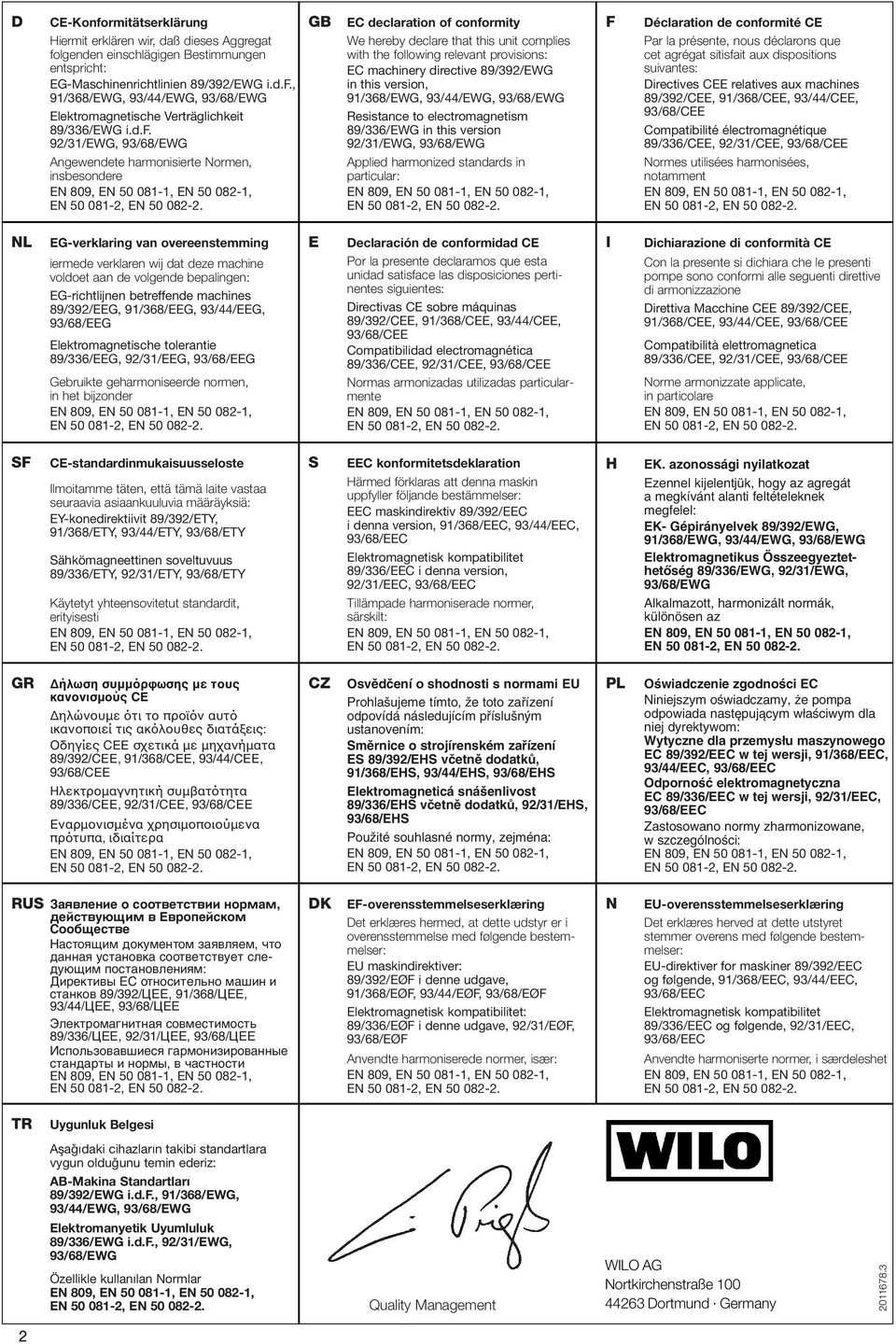 directive 89/392/EWG in this version, 91/368/EWG, 93/44/EWG, 93/68/EWG Resistance to electromagnetism 89/336/EWG in this version 92/31/EWG, 93/68/EWG Applied harmonized standards in particular: F