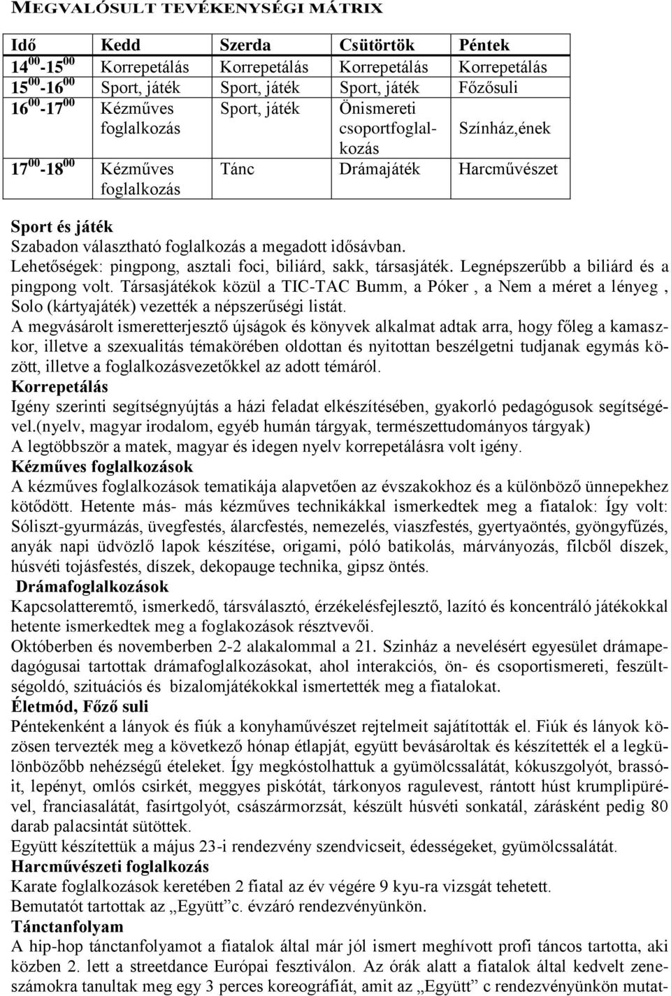 megadott idősávban. Lehetőségek: pingpong, asztali foci, biliárd, sakk, társasjáték. Legnépszerűbb a biliárd és a pingpong volt.