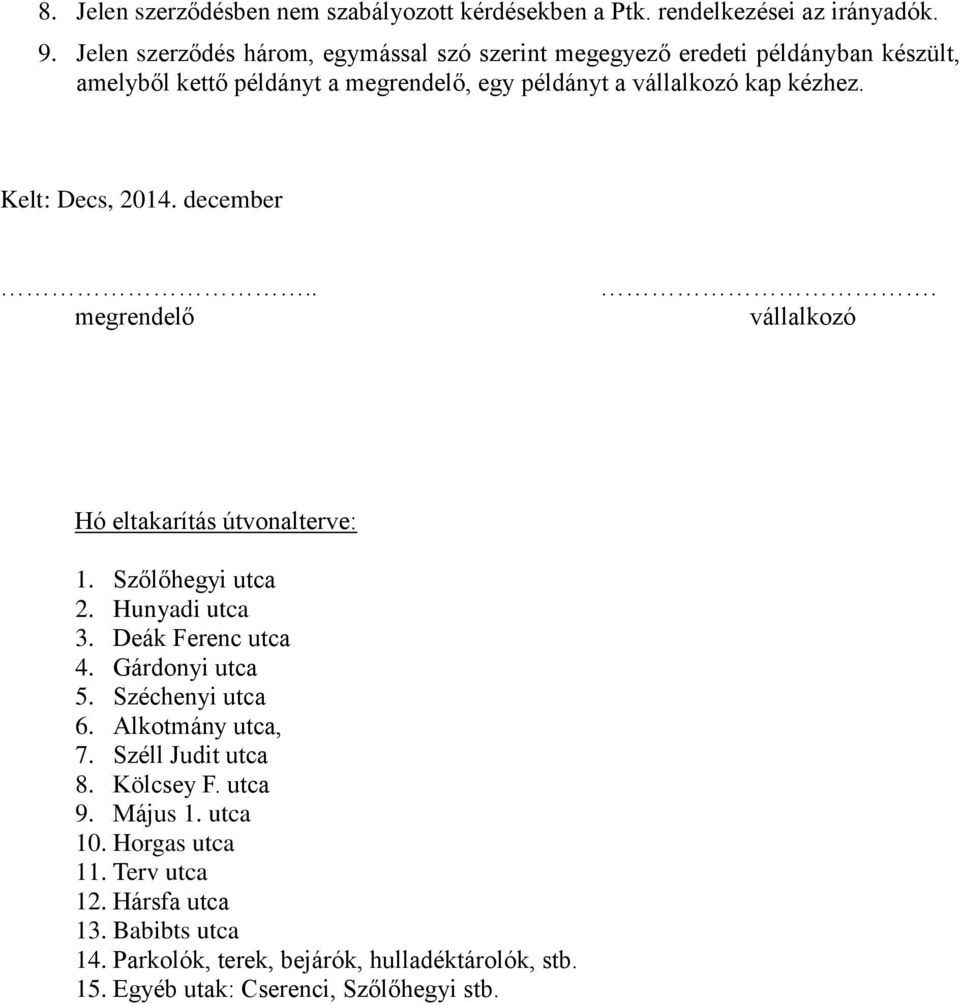 Kelt: Decs, 2014. december.. megrendelő. vállalkozó Hó eltakarítás útvonalterve: 1. Szőlőhegyi utca 2. Hunyadi utca 3. Deák Ferenc utca 4. Gárdonyi utca 5.