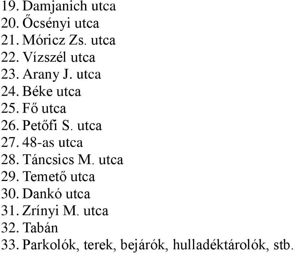 utca 27. 48-as utca 28. Táncsics M. utca 29. Temető utca 30.