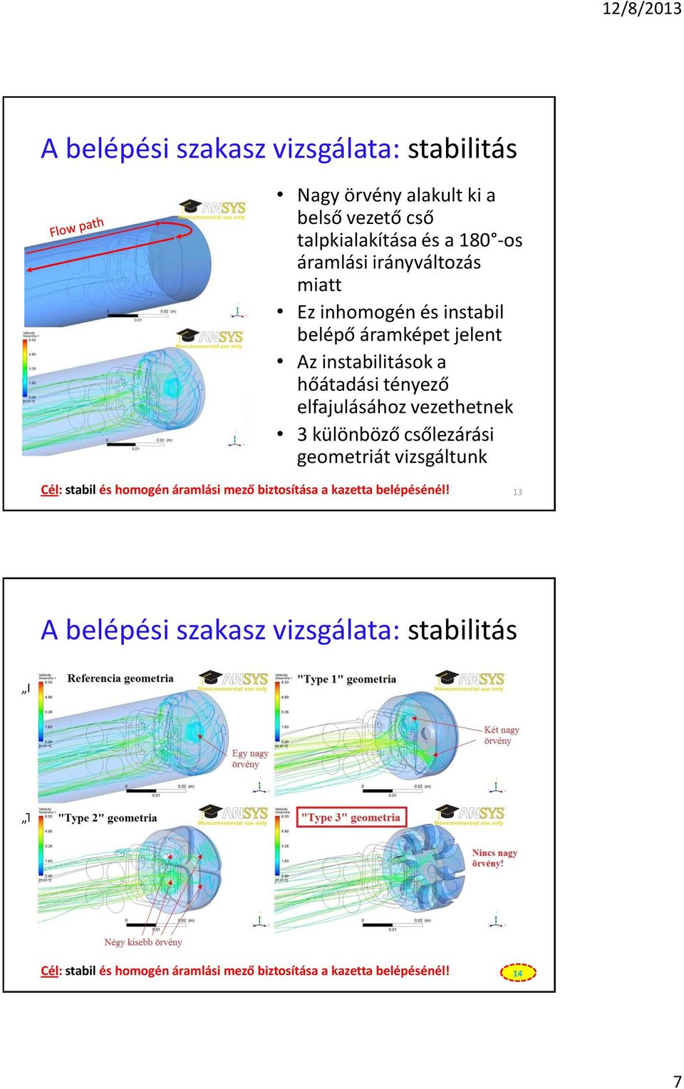 vezethetnek 3 különböző csőlezárási gemetriát vizsgáltunk Cél: stabil és hmgén áramlási mező biztsítása a kazetta