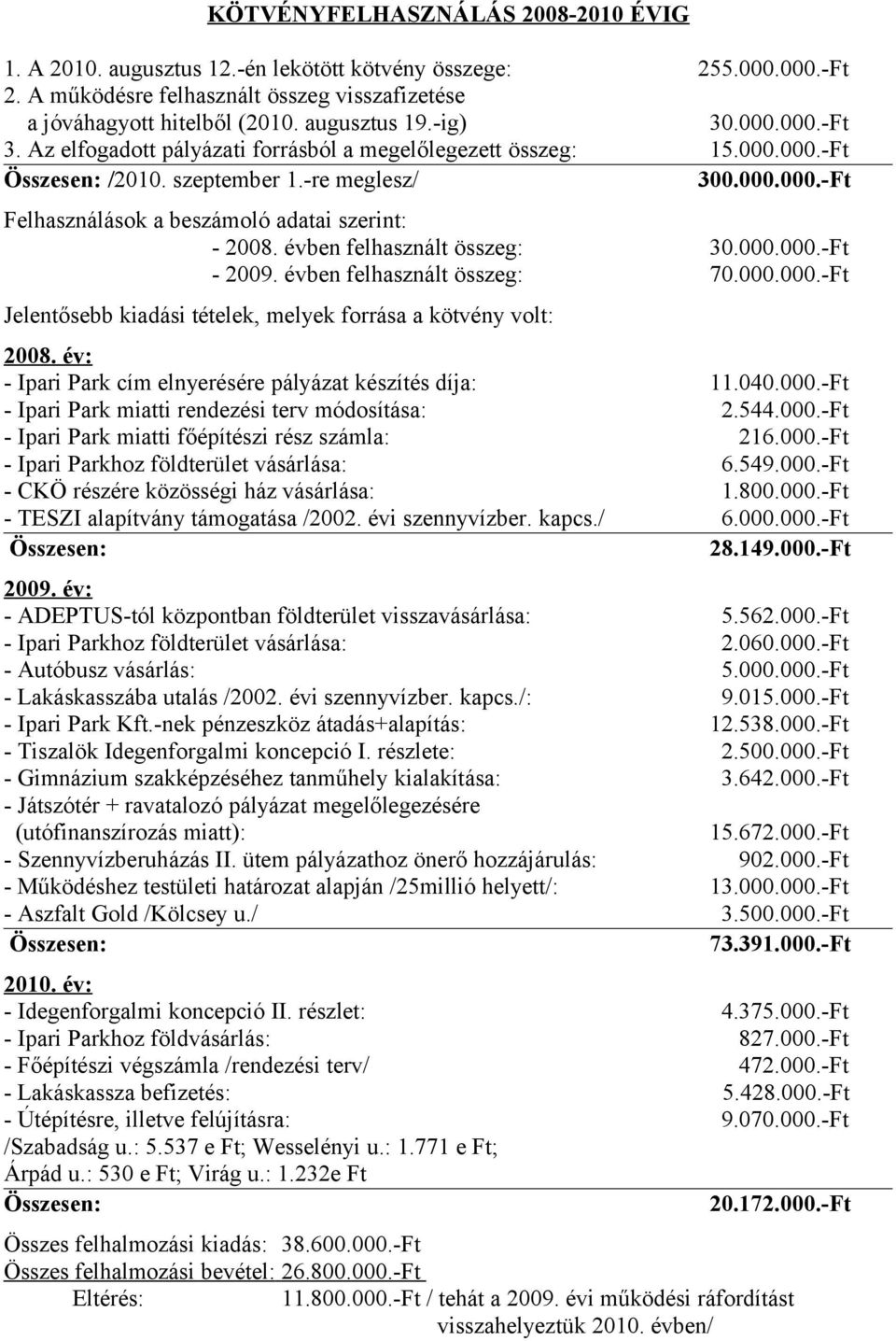 évben felhasznált összeg: 30.000.000.-Ft - 2009. évben felhasznált összeg: 70.000.000.-Ft Jelentősebb kiadási tételek, melyek forrása a kötvény volt: 2008.