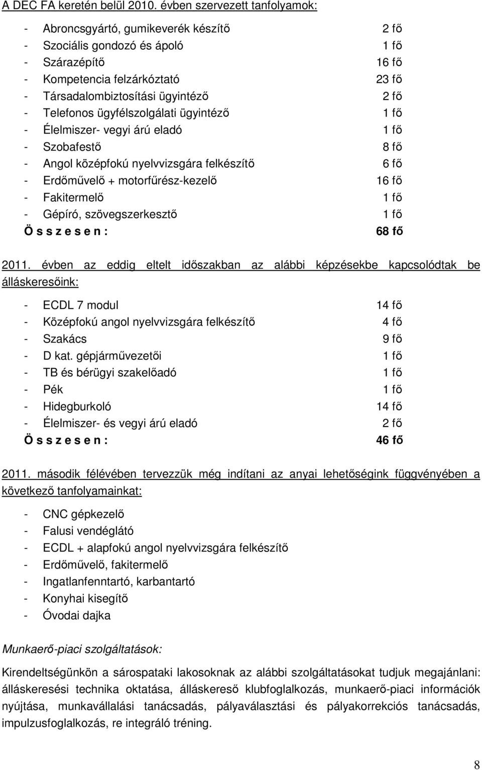 - Telefonos ügyfélszolgálati ügyintézı 1 fı - Élelmiszer- vegyi árú eladó 1 fı - Szobafestı 8 fı - Angol középfokú nyelvvizsgára felkészítı 6 fı - Erdımővelı + motorfőrész-kezelı 16 fı - Fakitermelı